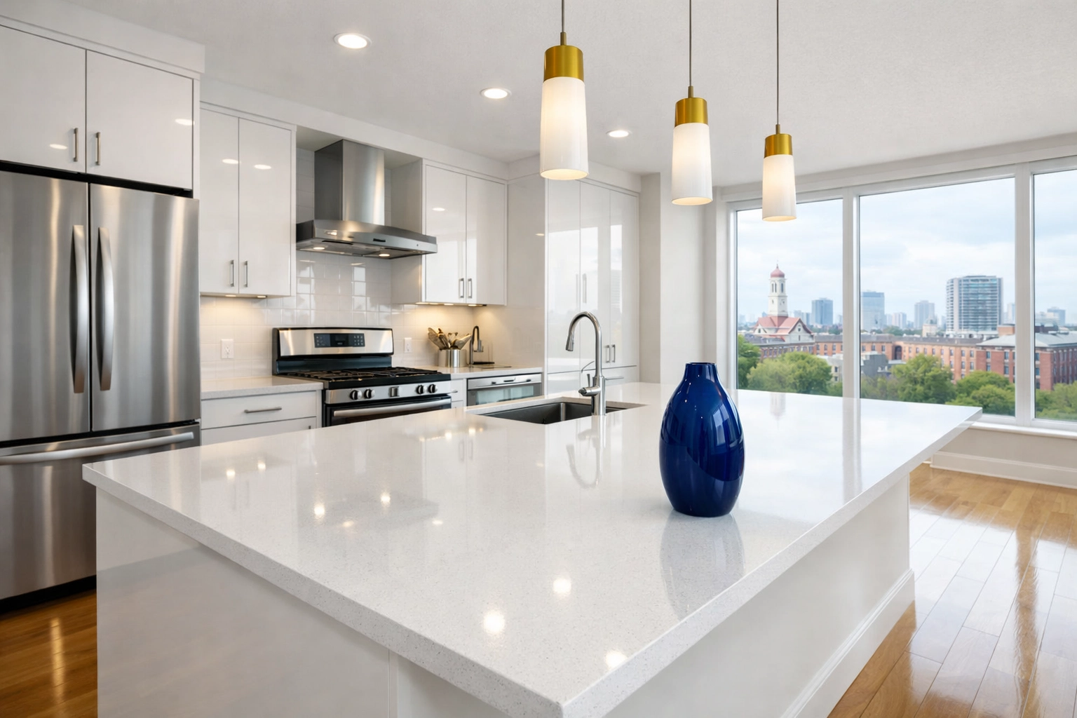 Professional move-out cleaning Cambridge showing a sparkling clean apartment kitchen ready for new tenants.