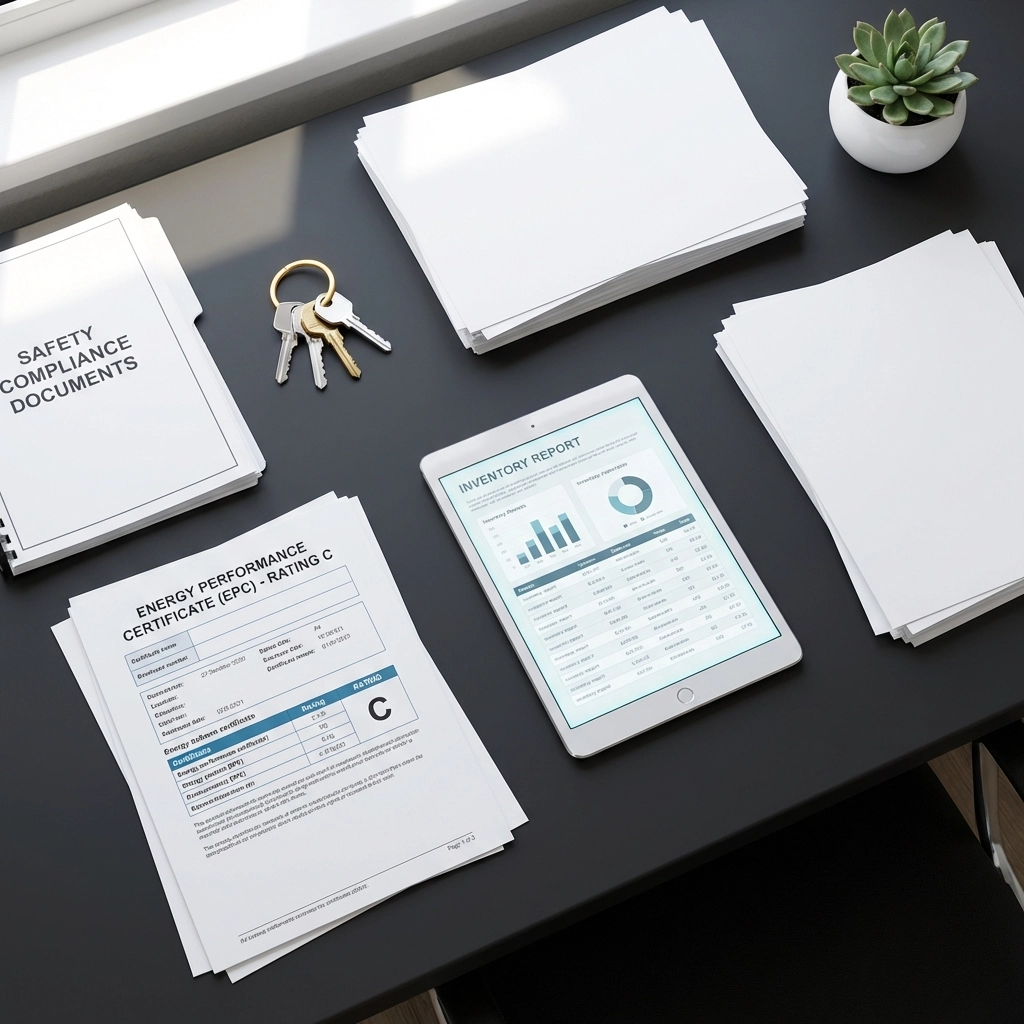 Overhead view of property management desk with digital inventory report, EPC, and compliance paperwork