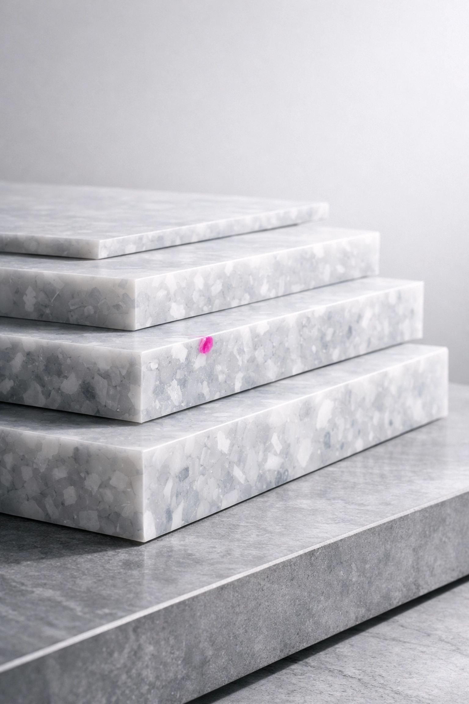 Stacked marbled recycled HDPE plastic sheets in varying thicknesses for Australian circular construction projects.