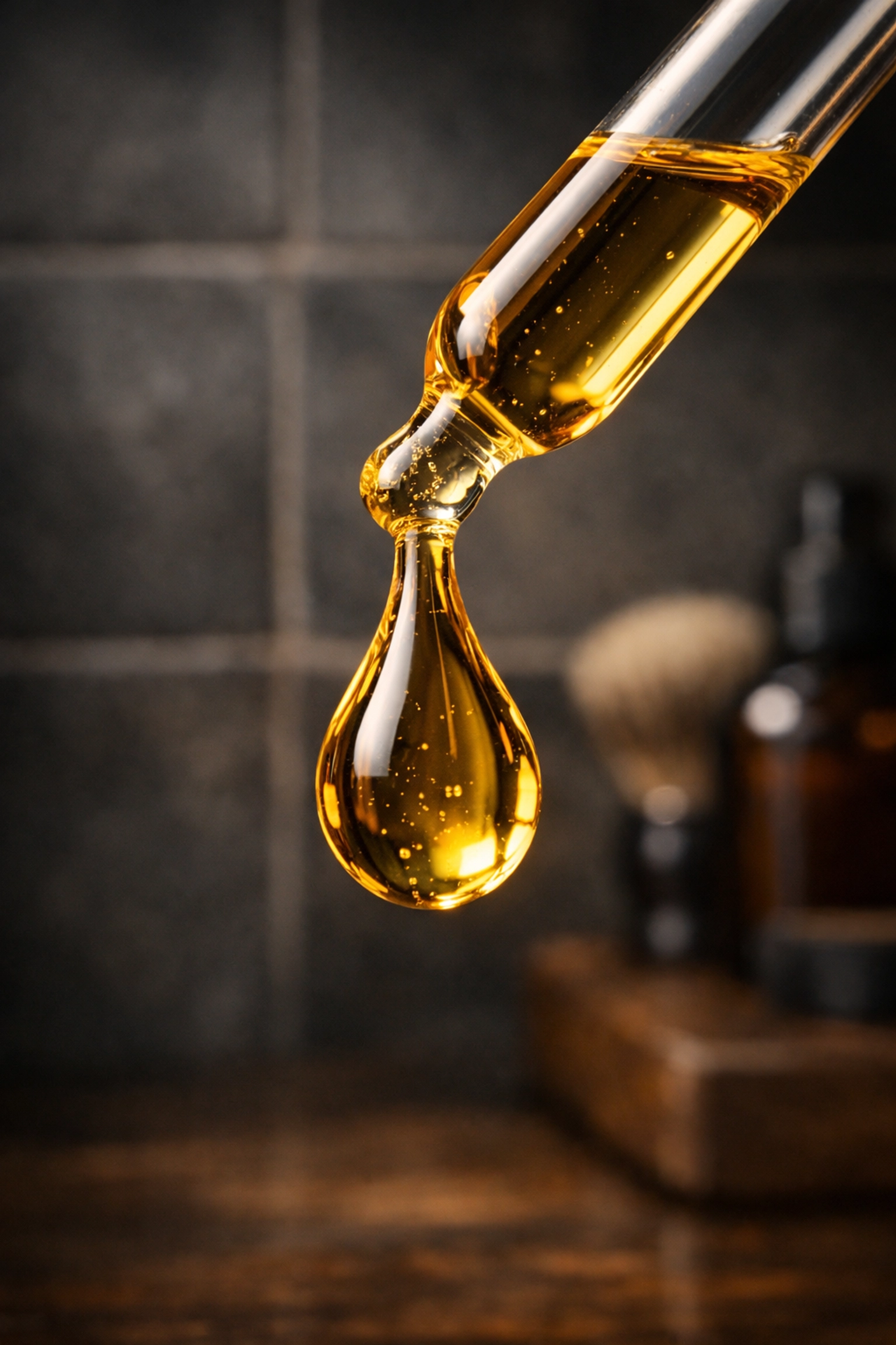 A thick drop of golden beard oil dripping from a glass dropper for skin hydration.