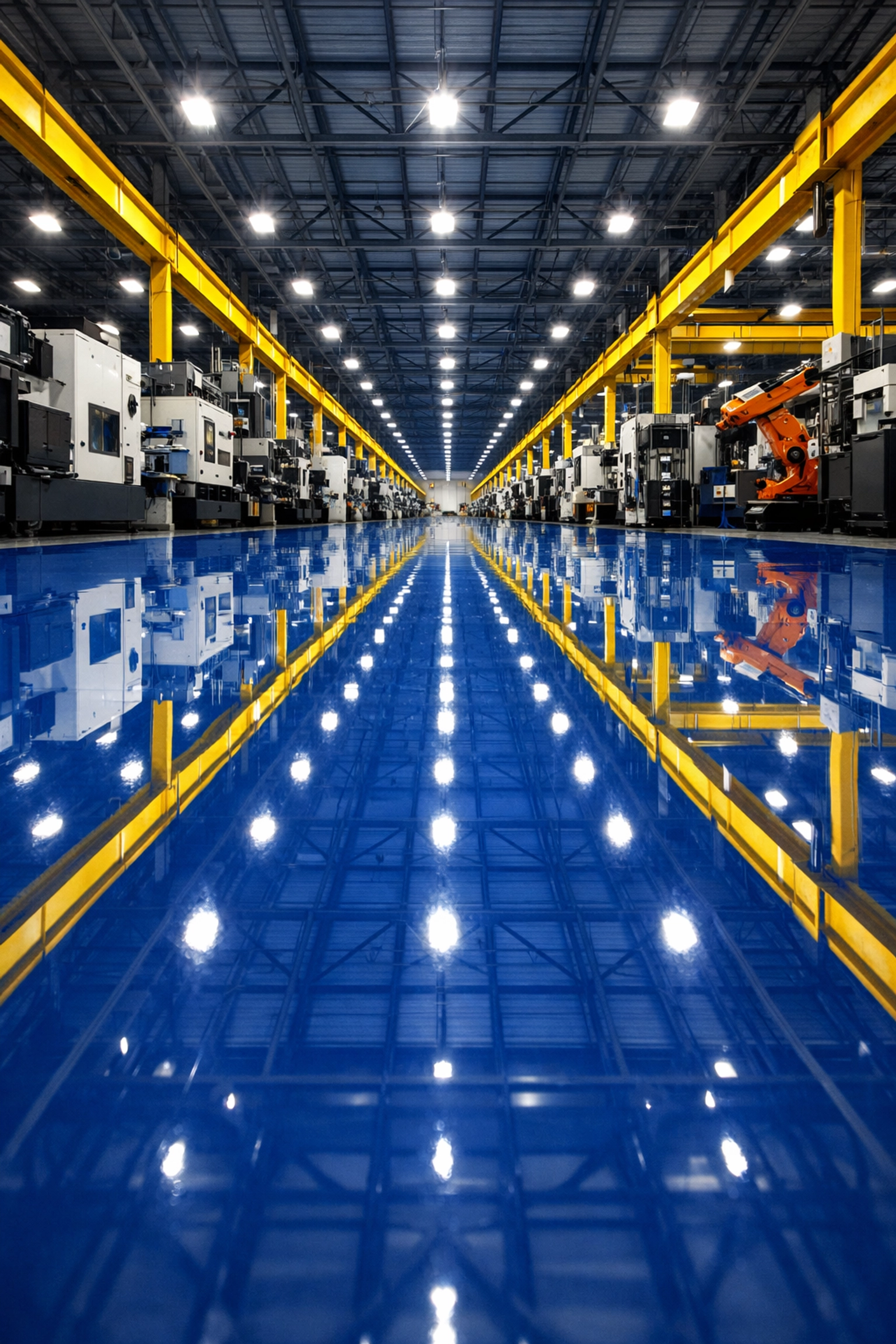 High-gloss industrial epoxy floor in an Attleboro factory reflecting a clean and safe manufacturing environment.