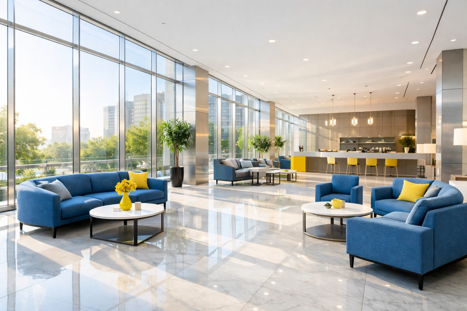 Spotless marble floors in a Winchester corporate lobby highlighting weekly cleaning quality.