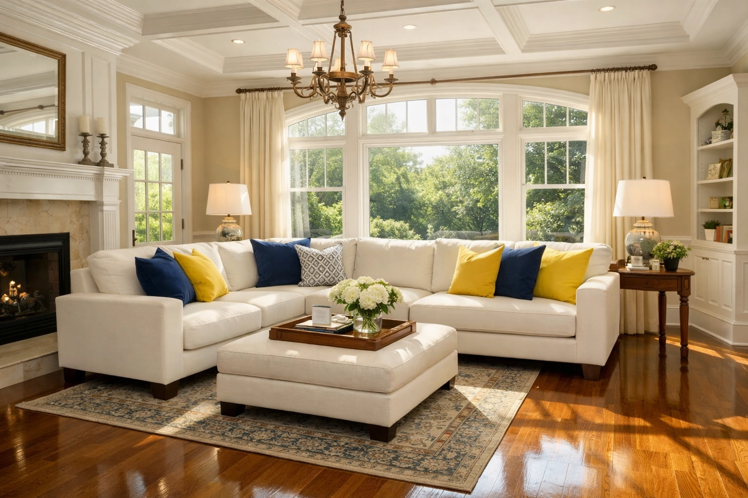 Pristine Lancaster living room with polished floors after a bi-weekly house cleaning service.