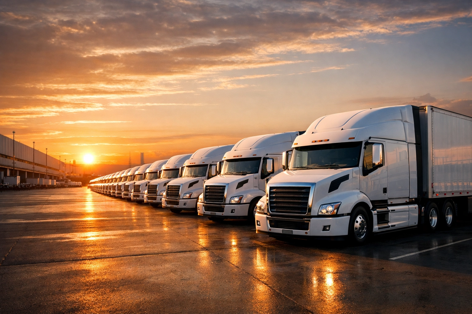 A fleet of long-haul trucks at a logistics hub, representing scalable enterprise supply chain infrastructure.