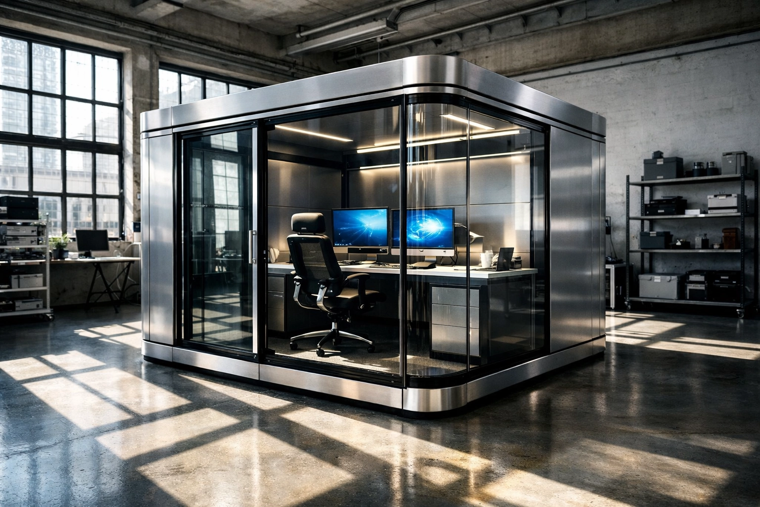 Sleek modular work pod in a modern loft, highlighting portable and scalable career training infrastructure.