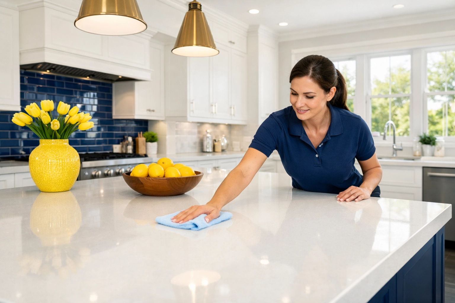 Professional house cleaning professional wiping a luxury kitchen island in a Westford estate.