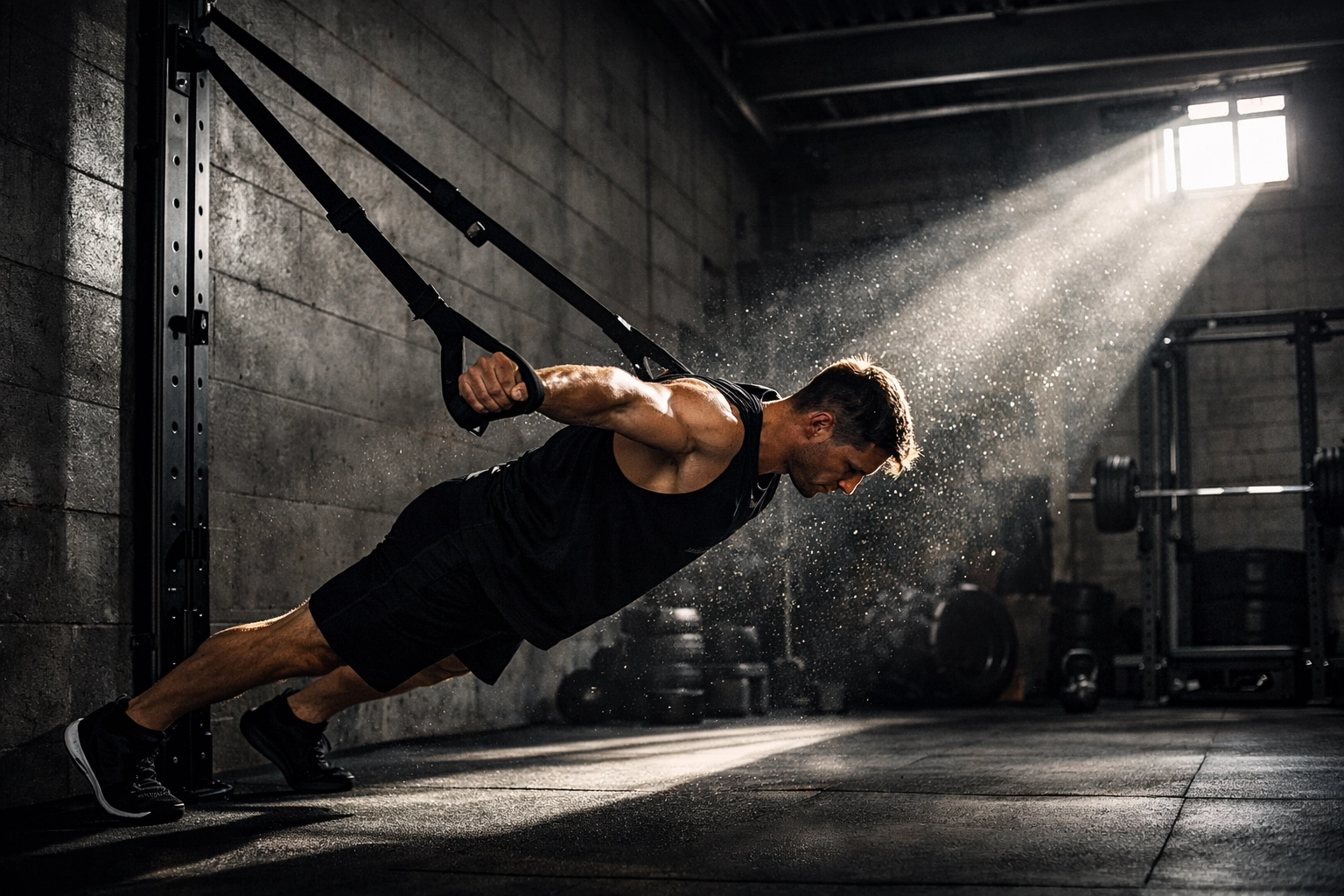 Athlete performing a dynamic warm-up using resistance straps on a floor to ceiling gym rail.