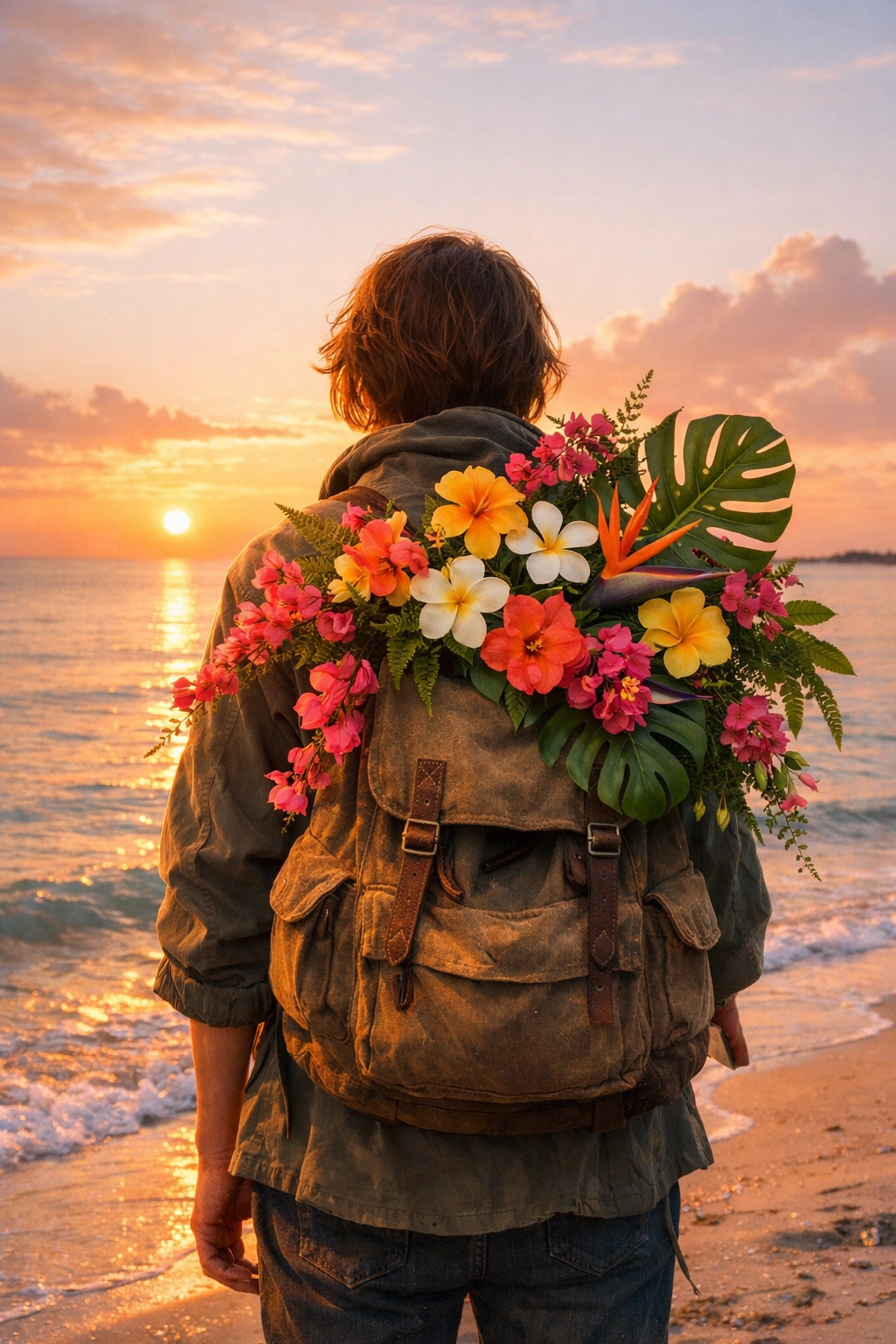 Person on a Sarasota beach with a backpack of flowers, representing healing during the grieving process.