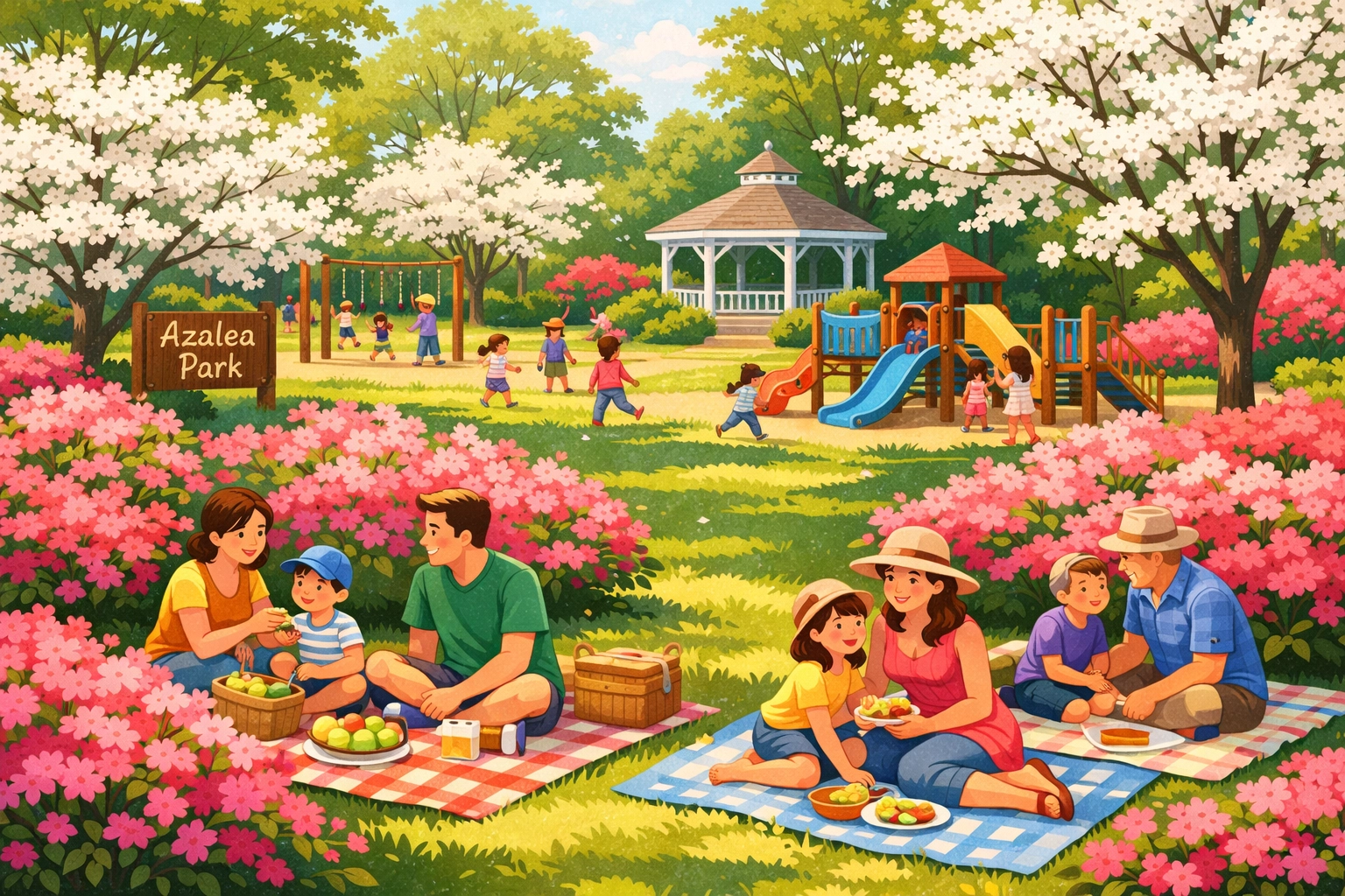 Families enjoying picnic at Azalea Park in Summerville with pink azaleas and playground in spring
