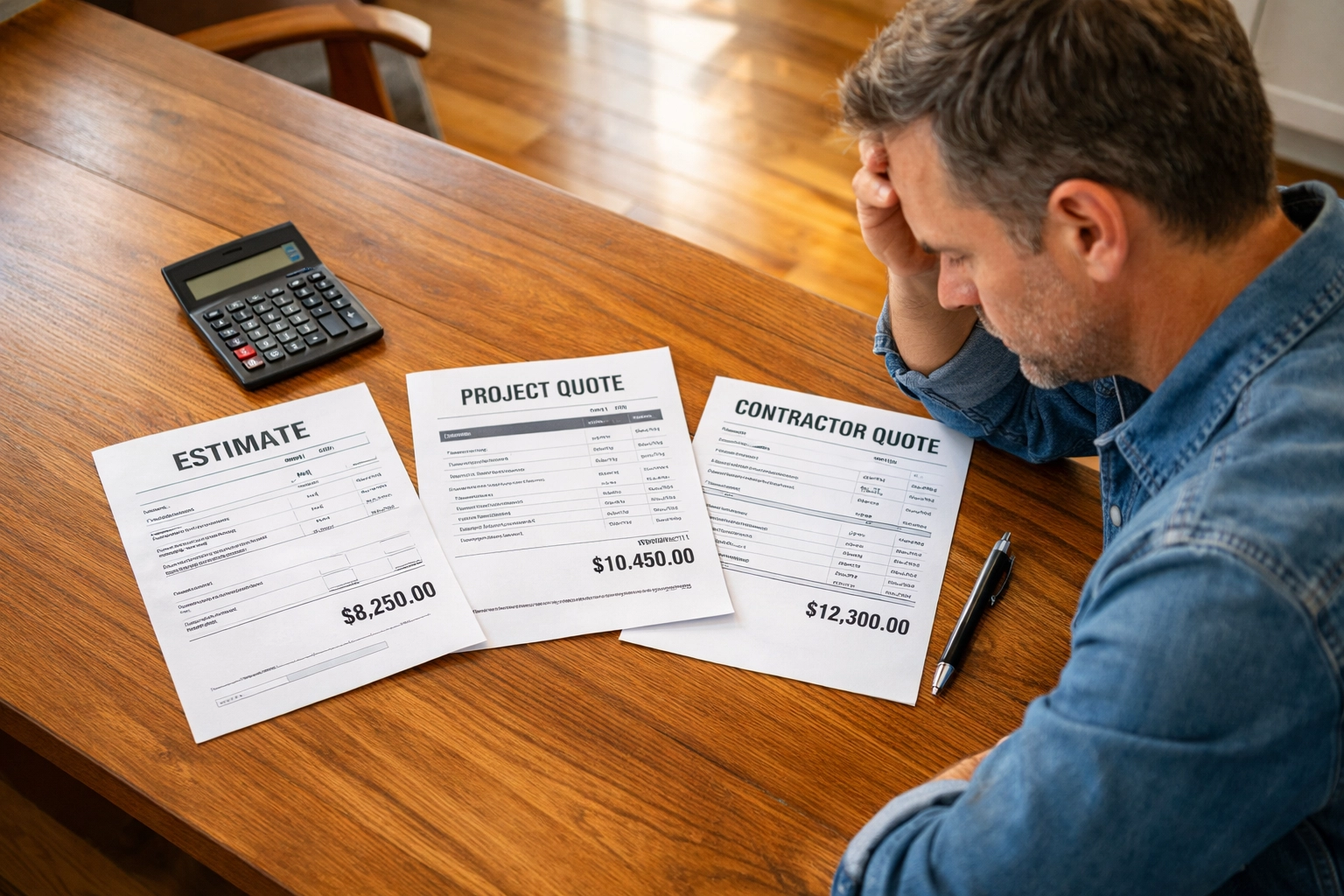 Homeowner comparing hardwood flooring contractor estimates and quotes on kitchen table