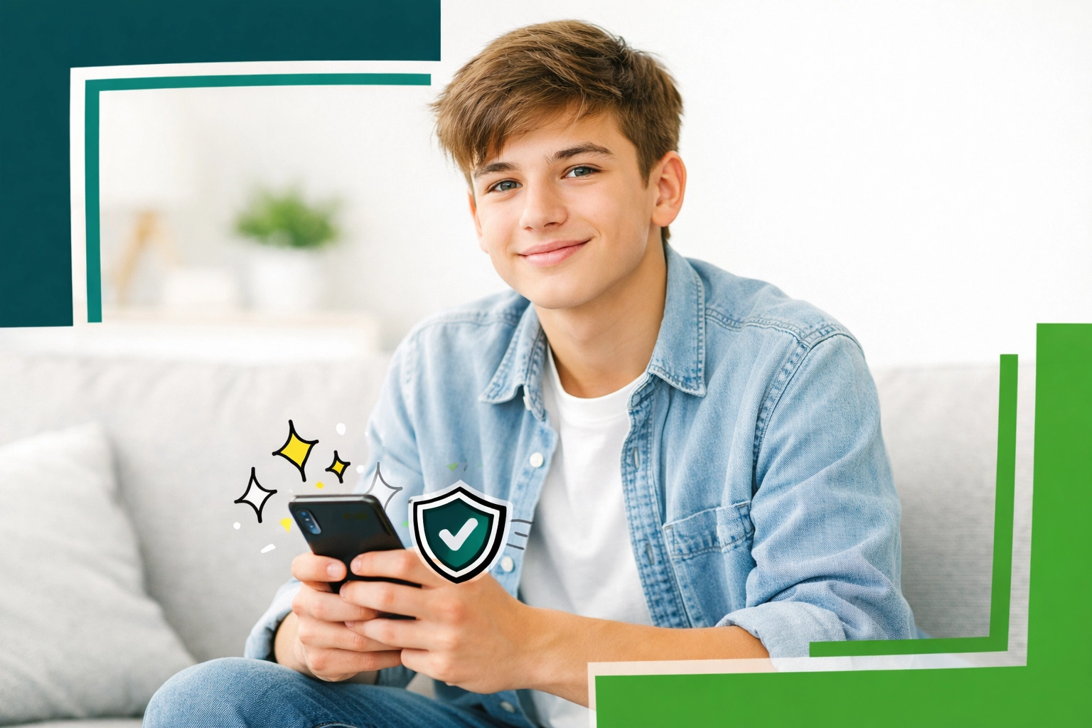 Teenage boy practicing digital safety and healthy screen time boundaries while using a smartphone at home.