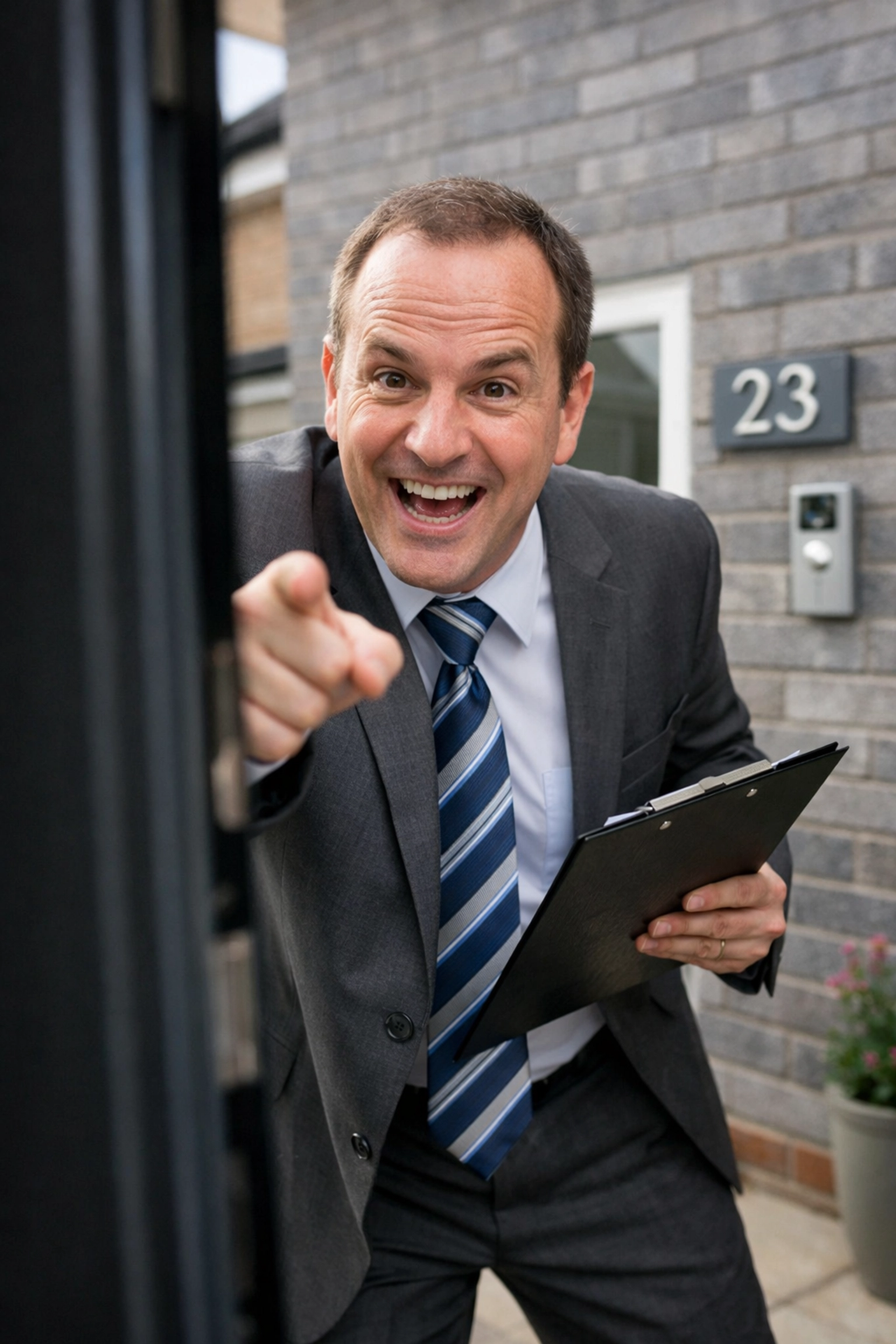 High-pressure door-to-door solar salesman using aggressive tactics on UK homeowner doorstep