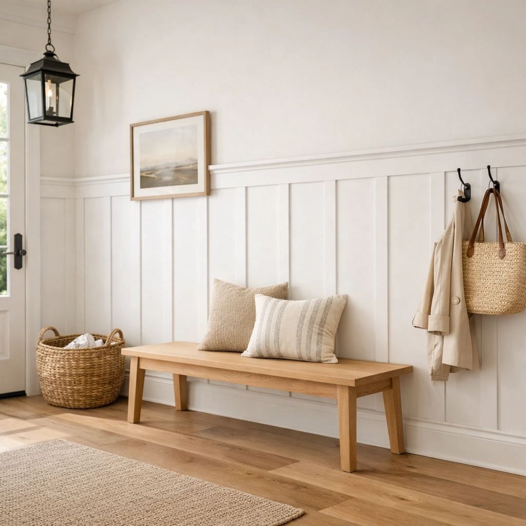 Modern white board and batten wall paneling in a bright New Jersey residential entryway.