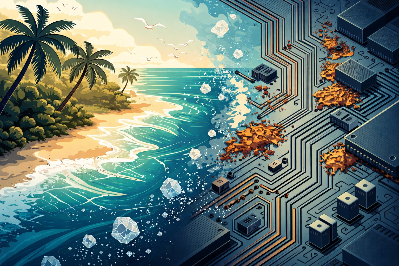 Coastal Florida scene blending salty ocean air and corroded computer motherboard, highlighting Venice FL computer risks