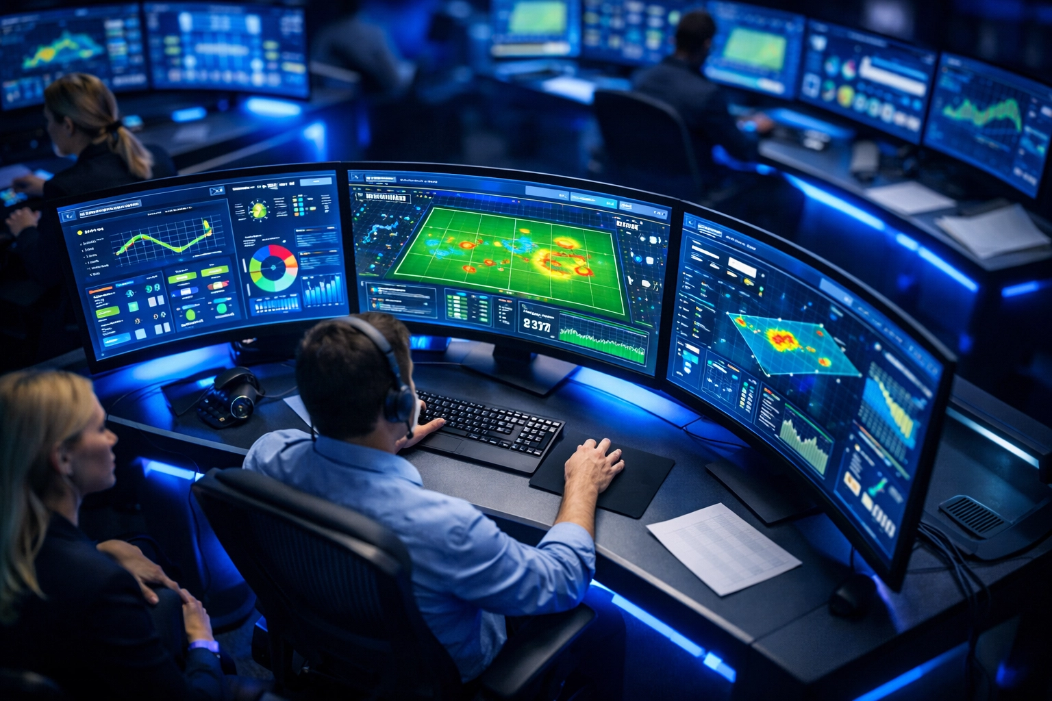 Sports analytics control room with AI-powered performance metrics and data visualization displays