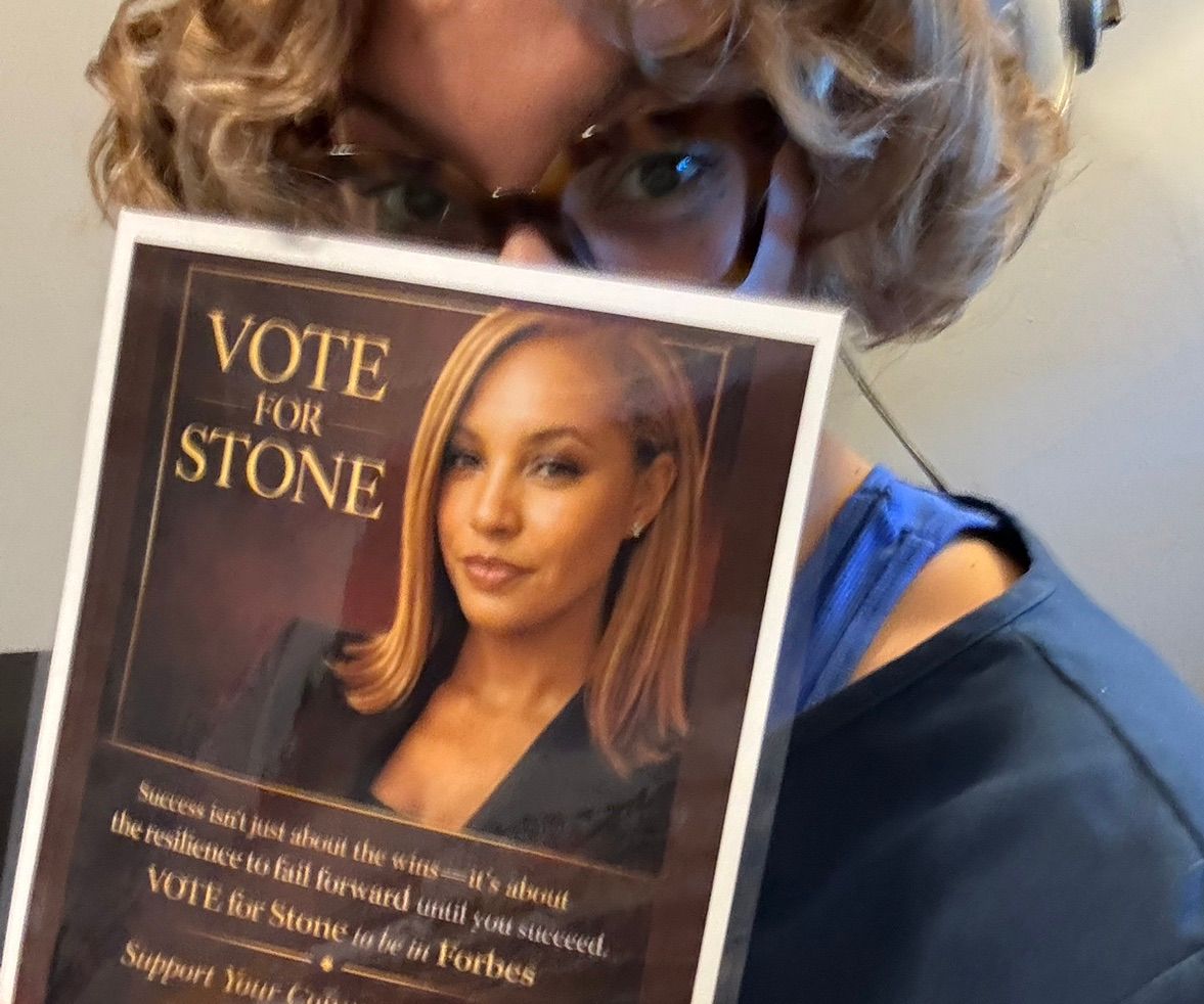 Community support image showing VOTE FOR STONE appearing in the neighborhood
