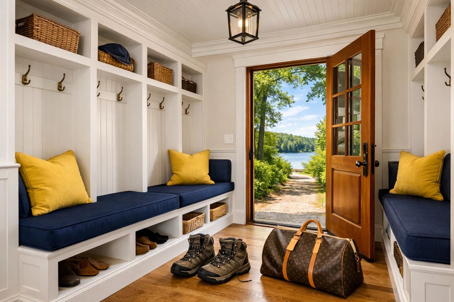 Organized mudroom with views of Hopkinton State Park, kept tidy by a reliable house cleaning service.