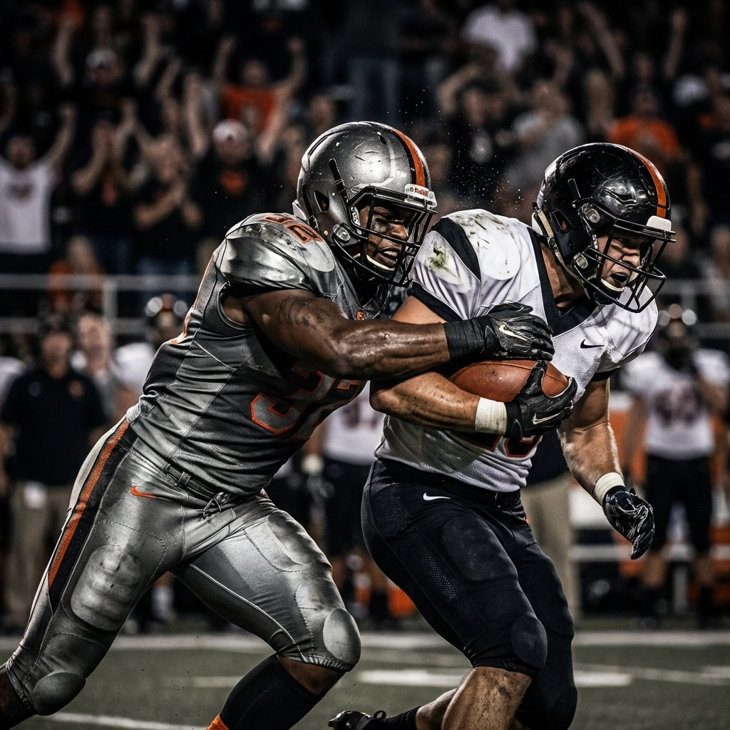Football player executes a safe rugby-style shoulder tackle, head to the side, illustrating modern tackling technique