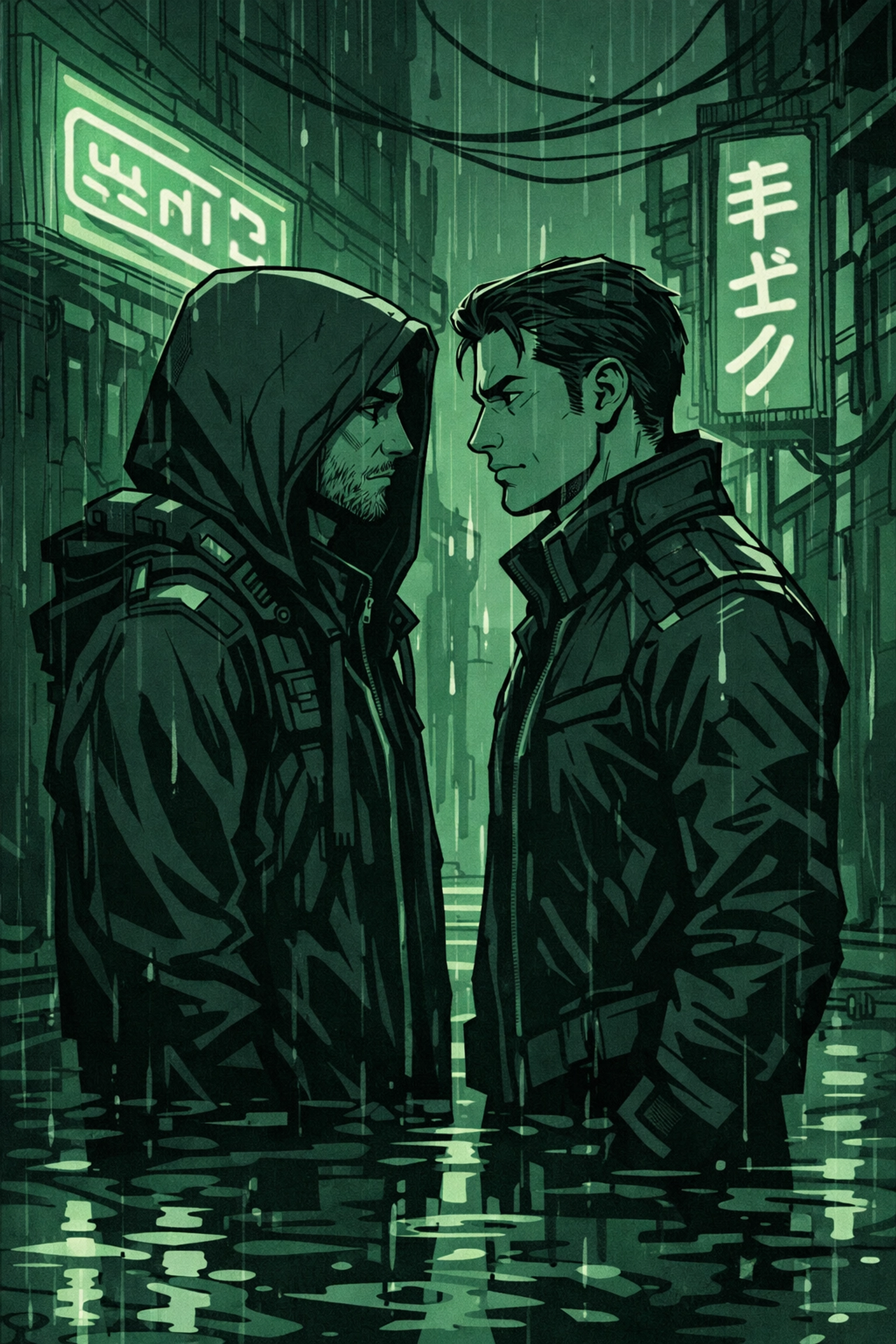 Gay thriller MM romance cyberpunk neon city two men intense confrontation in rainy alley