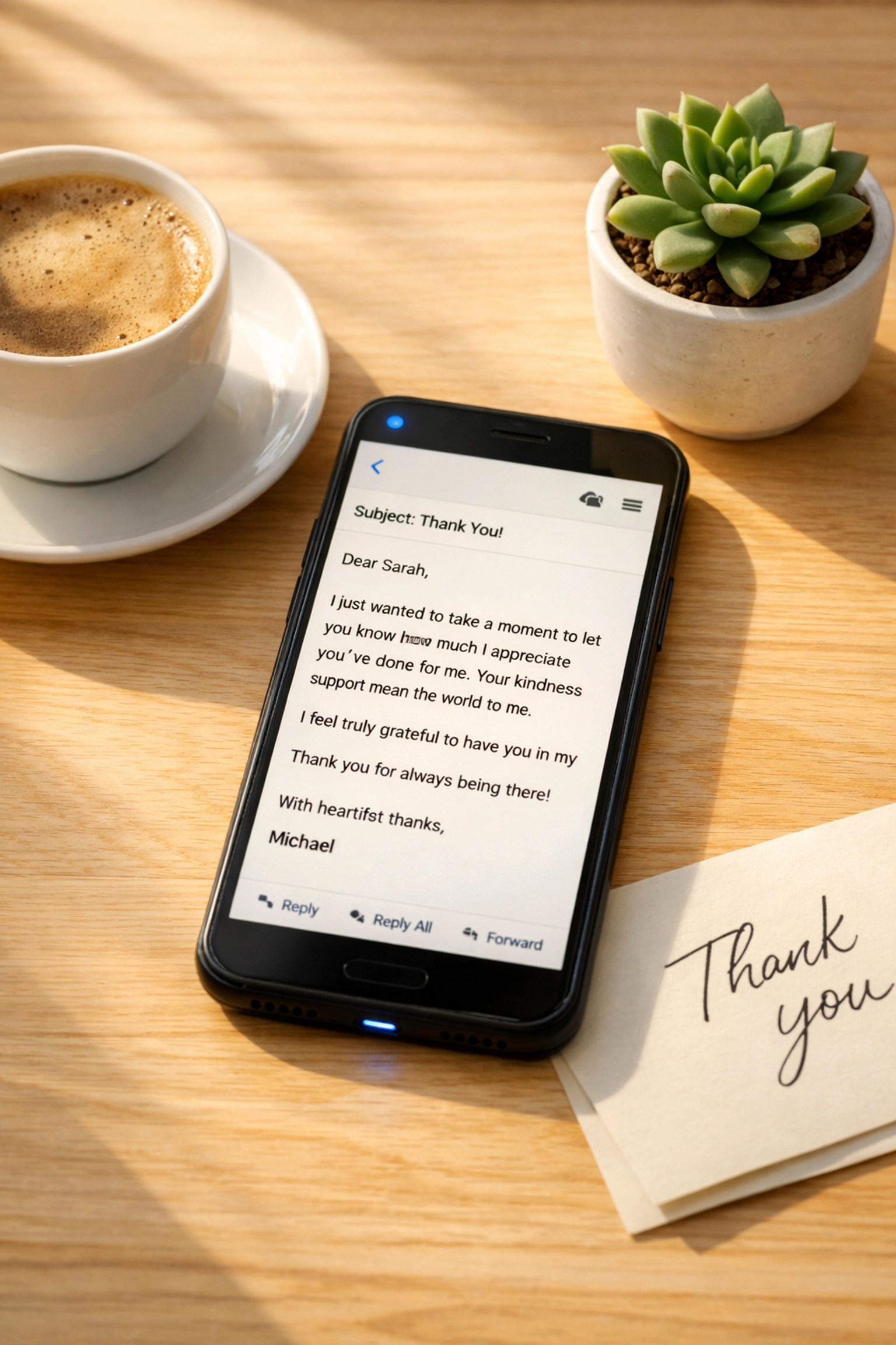 Smartphone displaying personalized donor thank you email alongside handwritten card