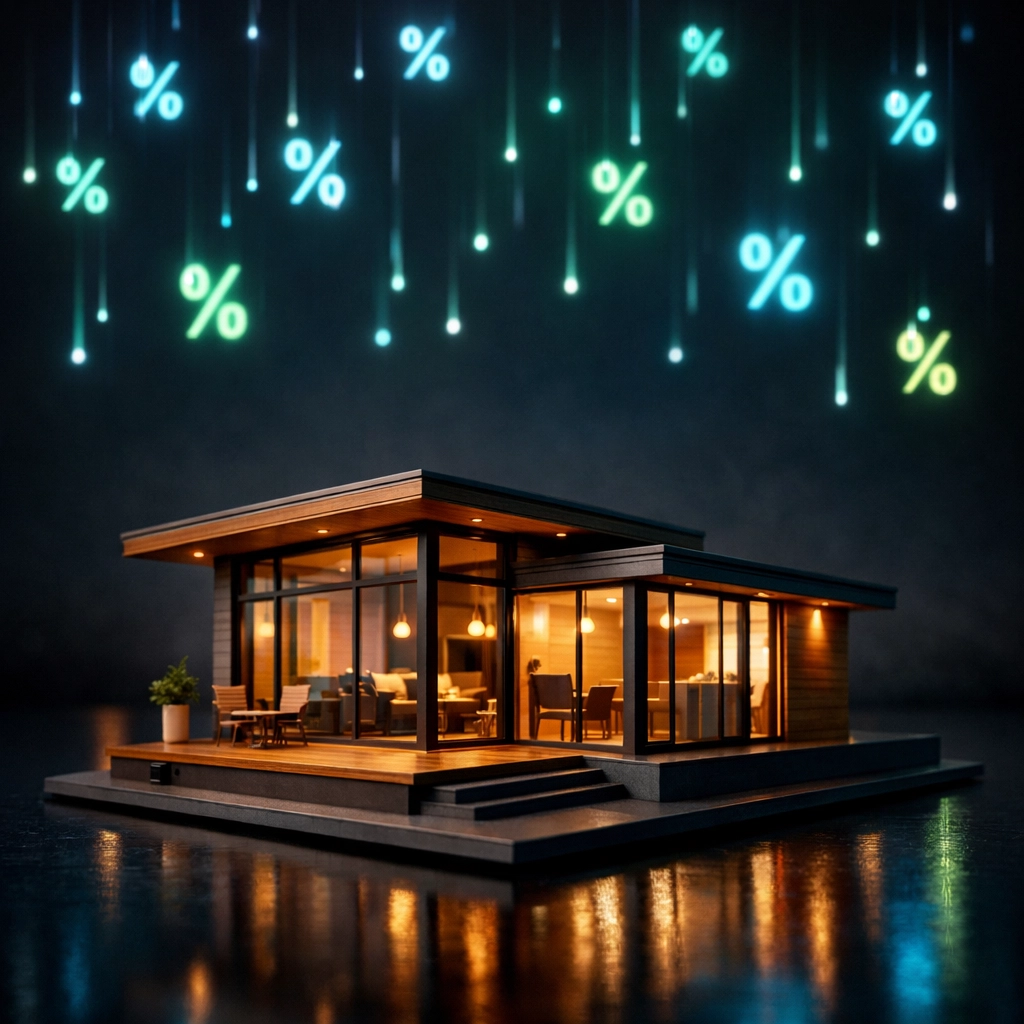 Modern house model with falling percentage signs illustrating lower interest rates for refinancing.