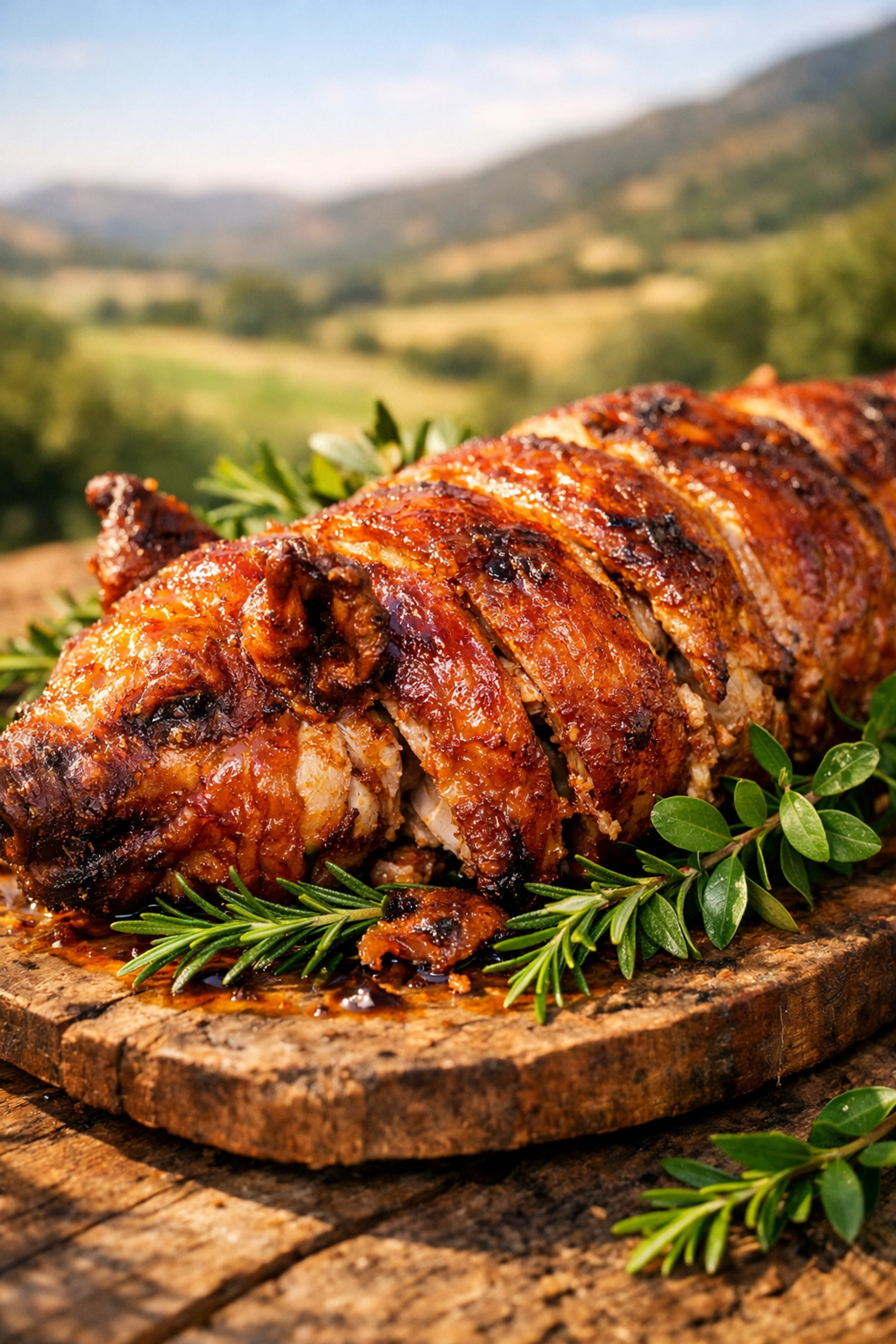 Traditional Sardinian porcheddu roasted suckling pig with rosemary and myrtle herbs