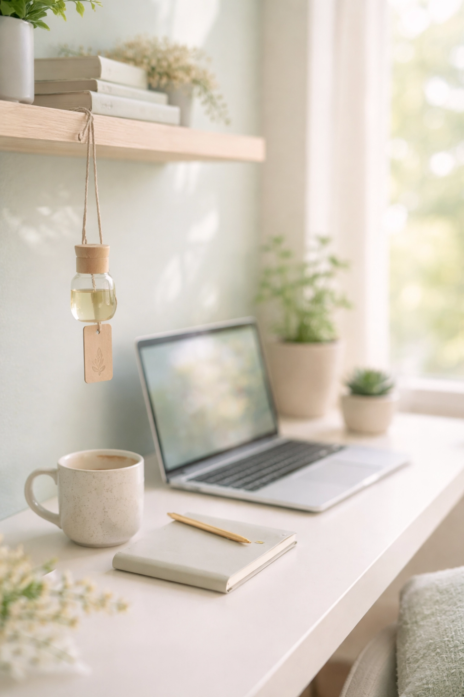 Minimalist home office desk with a hanging diffuser, showing how scent boosts work-from-home productivity.