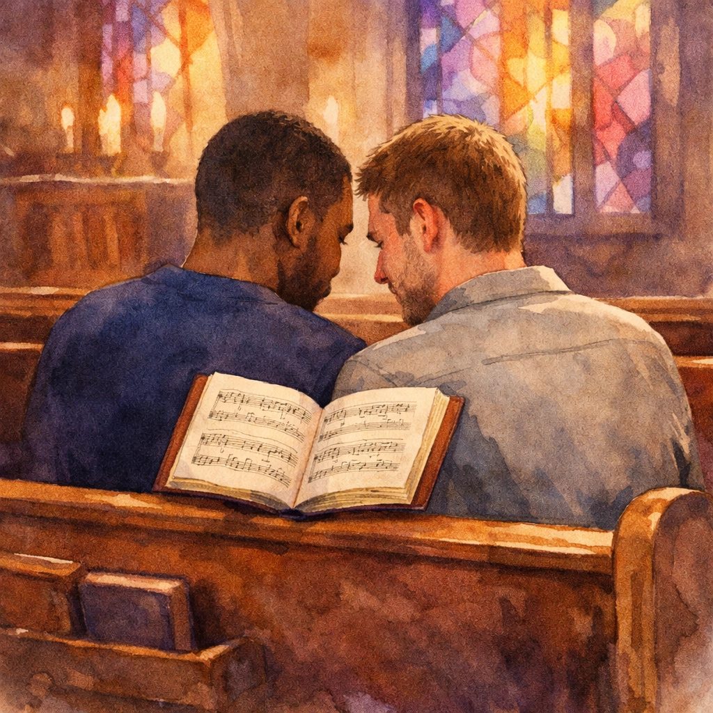 Two men sharing hymnal together during affirming church worship service