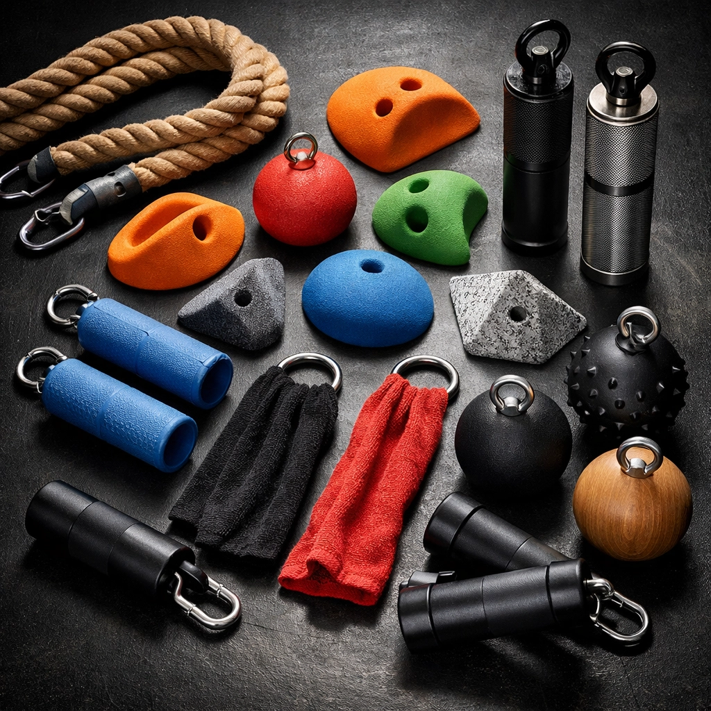 Ninja warrior grip training equipment including climbing holds, ropes, and pull-up bar attachments