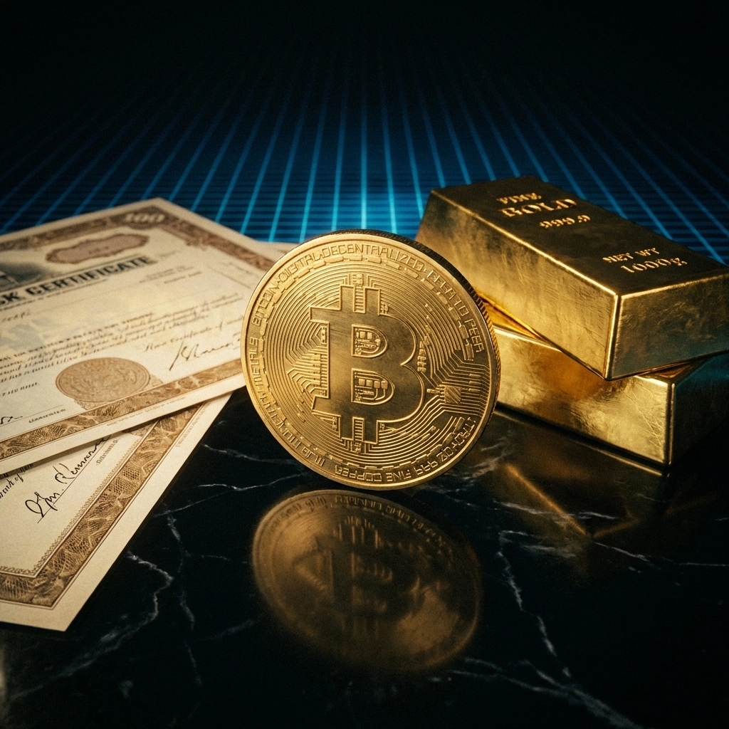 Bitcoin, gold bars, and stock certificates together, emphasizing integrating traditional and digital assets for long-term wealth.