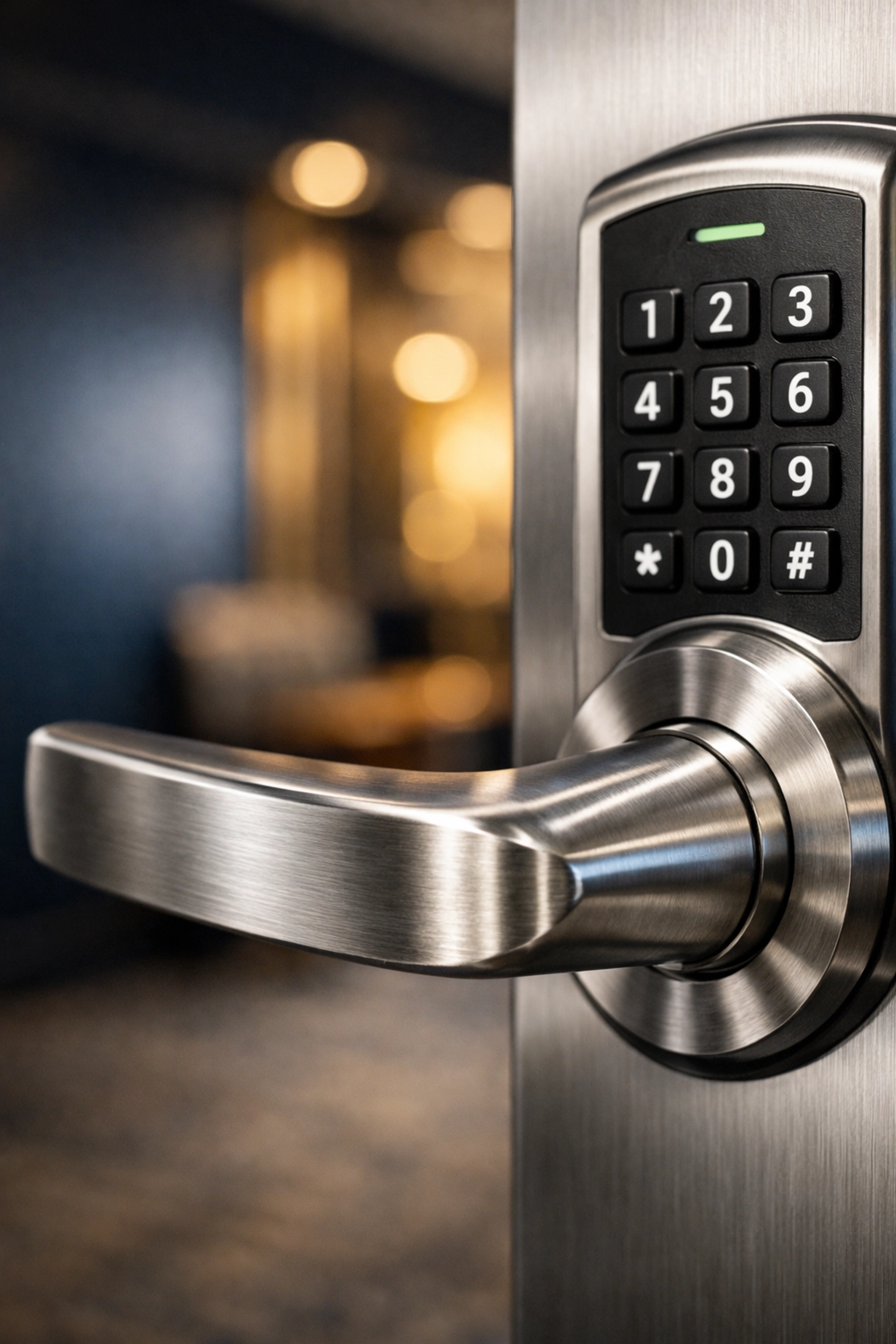 Close-up of a sanitized steel door handle highlighting detailed Worcester office cleaning for high-touch points.
