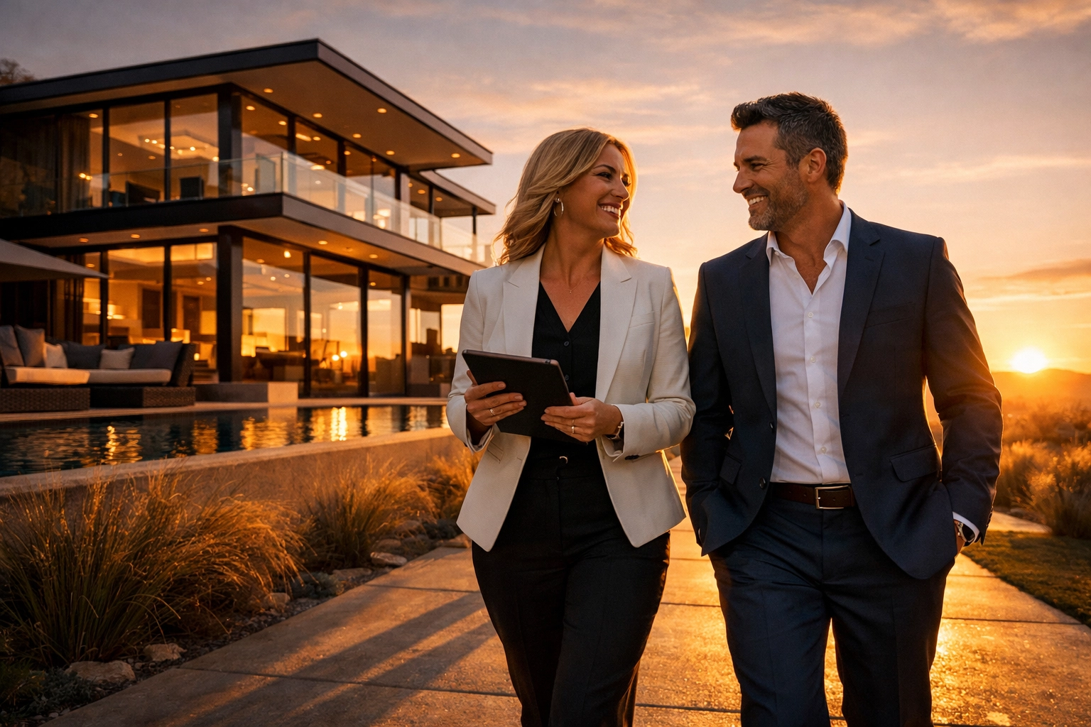 Two real estate professionals walking toward a modern luxury home as a collaborative team.