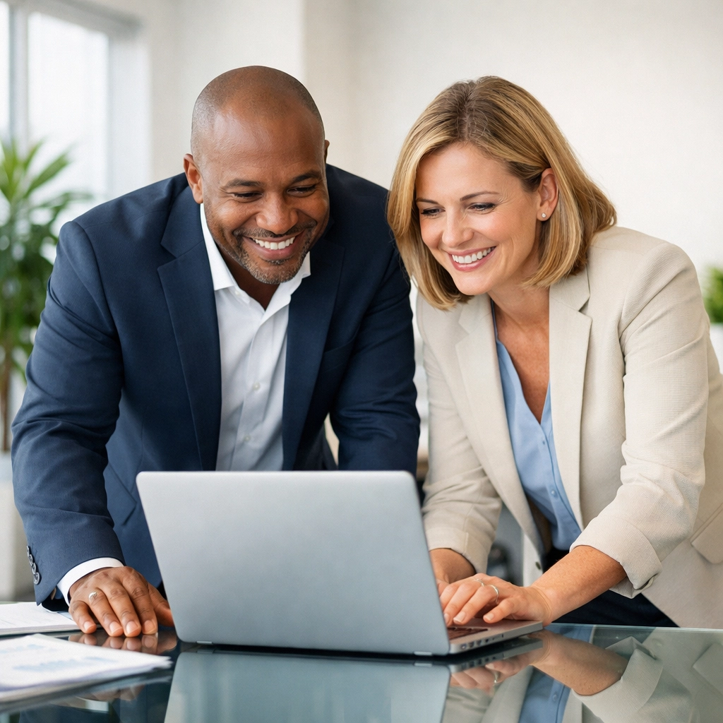 Collaborative business team looking at a laptop, showcasing IT support for small business data recovery.