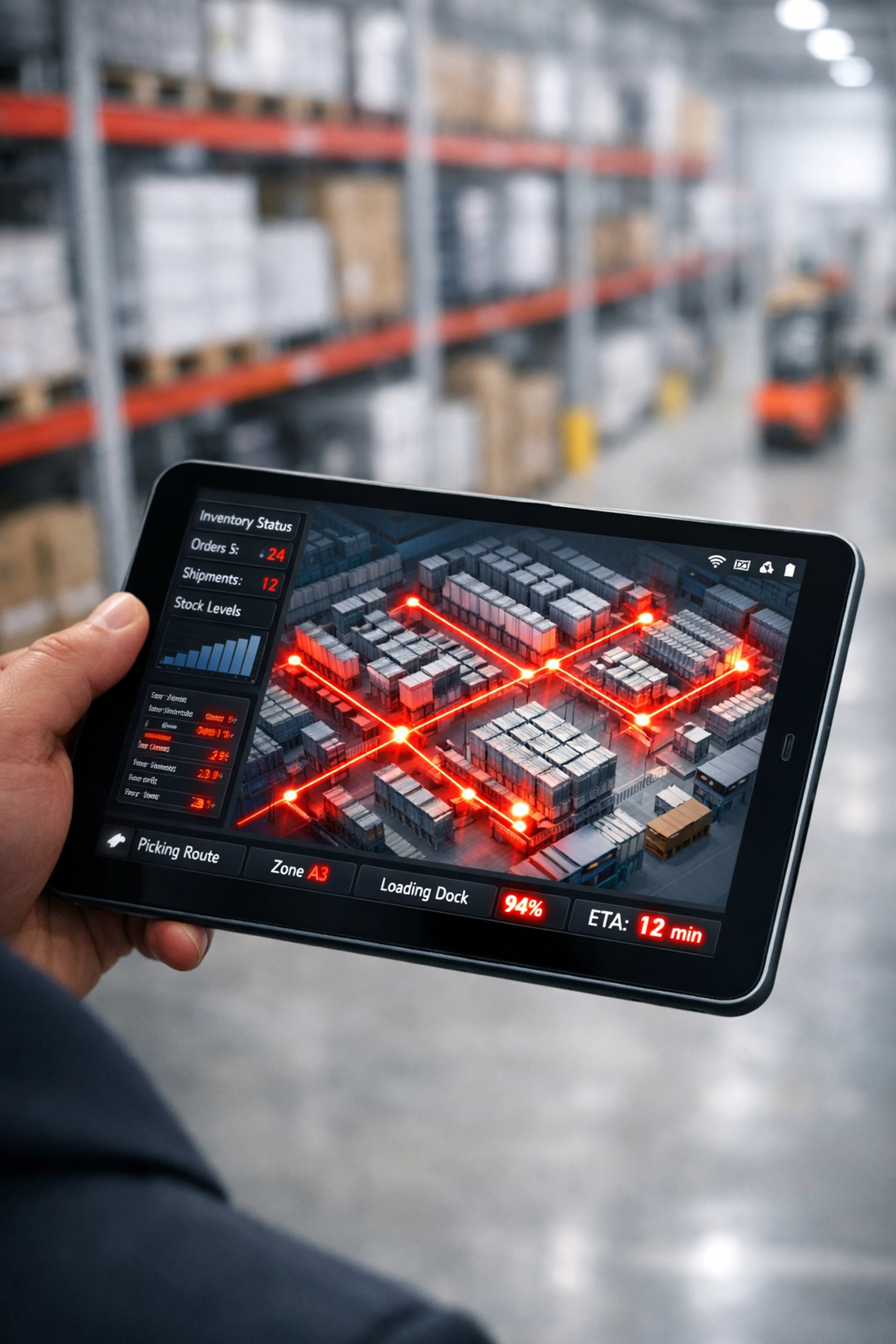 Logistics manager using a digital tablet to manage warehouse and fulfilment inventory in Hertford storage.
