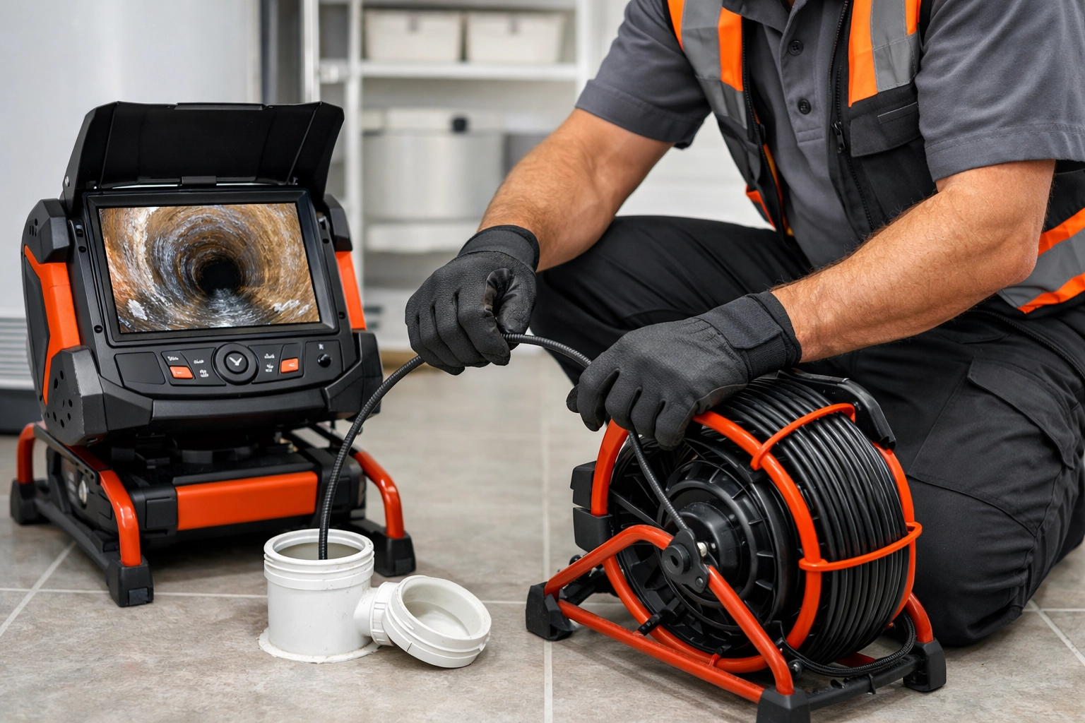 A professional home inspector using high-tech sewer scope equipment to examine a residential plumbing line.