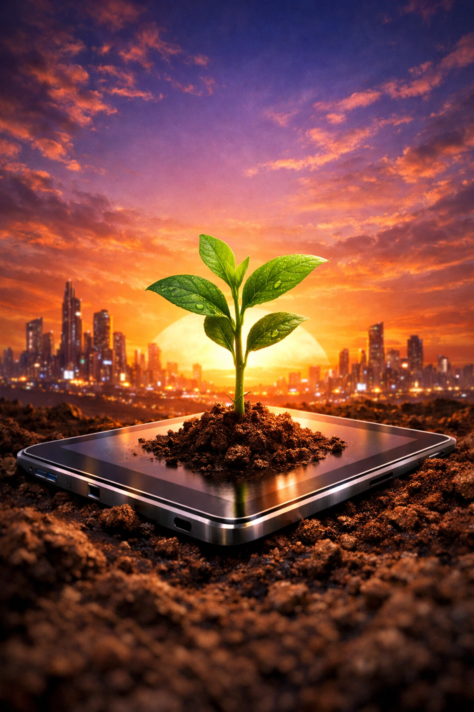 A plant growing from a tablet against a city sunrise representing sustainable startup growth and tech innovation.