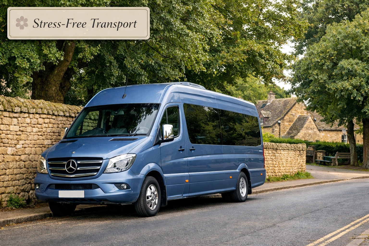 A silver blue tour minibus parked near honey-stone walls in Bourton-on-the-Water.