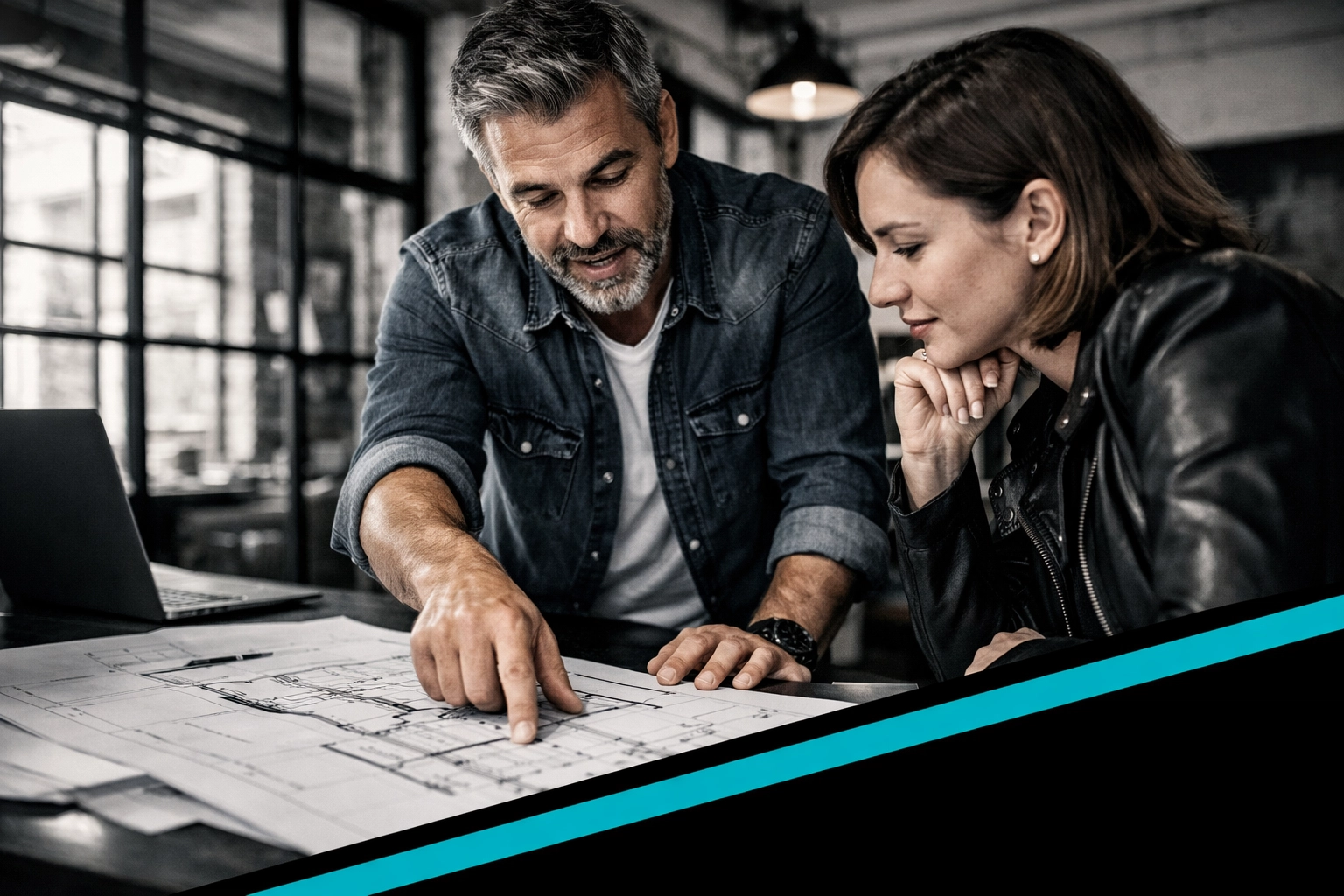 A contractor reviewing project plans with a high-intent client to close a quality lead.