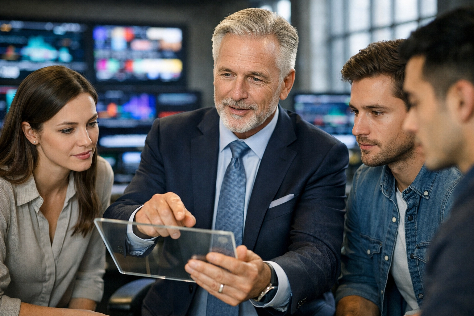 Business leader managing veteran media precision and technological innovation in a production suite.