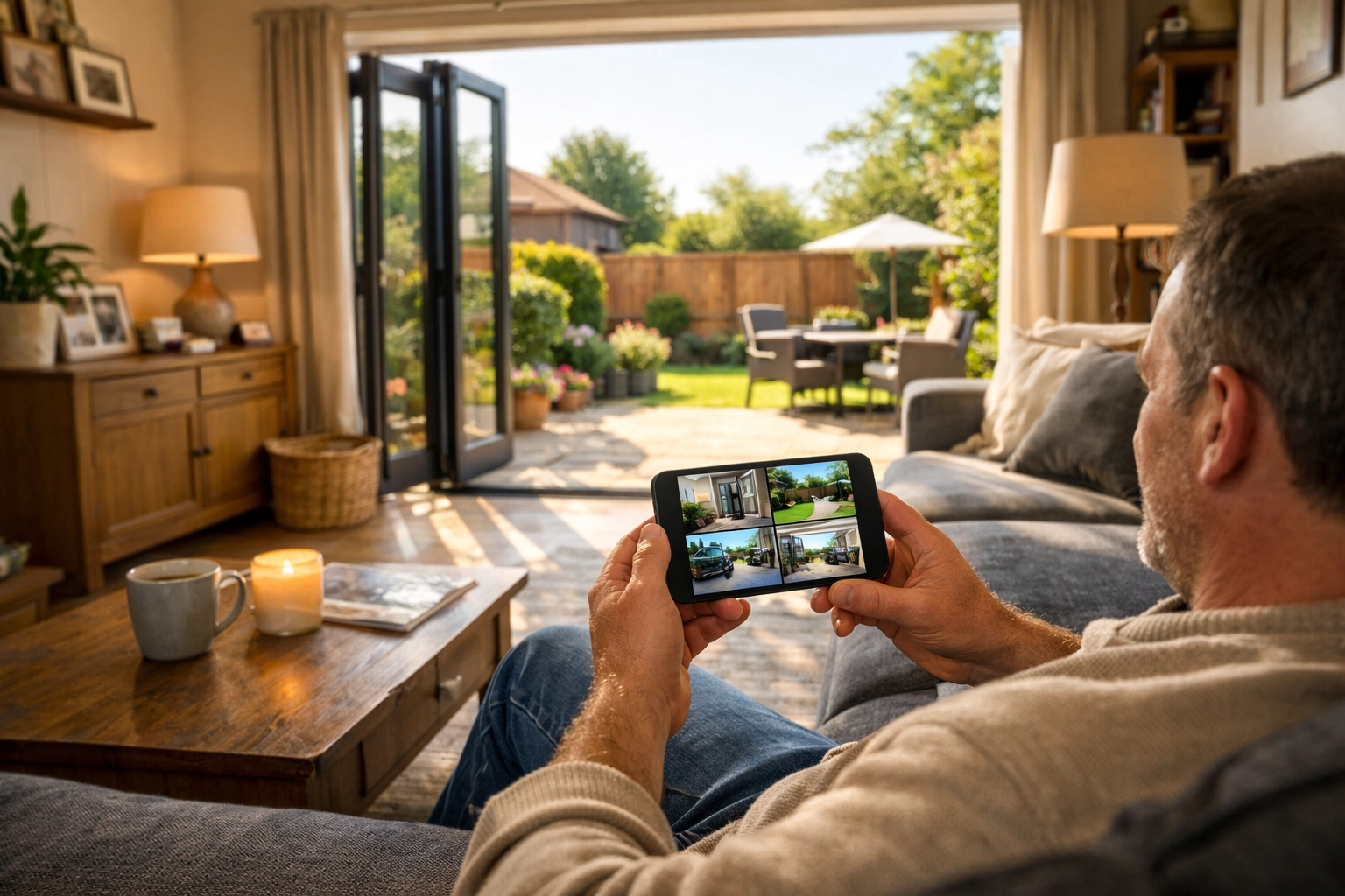 A Southampton homeowner viewing live property footage on a smartphone app for total peace of mind and security.