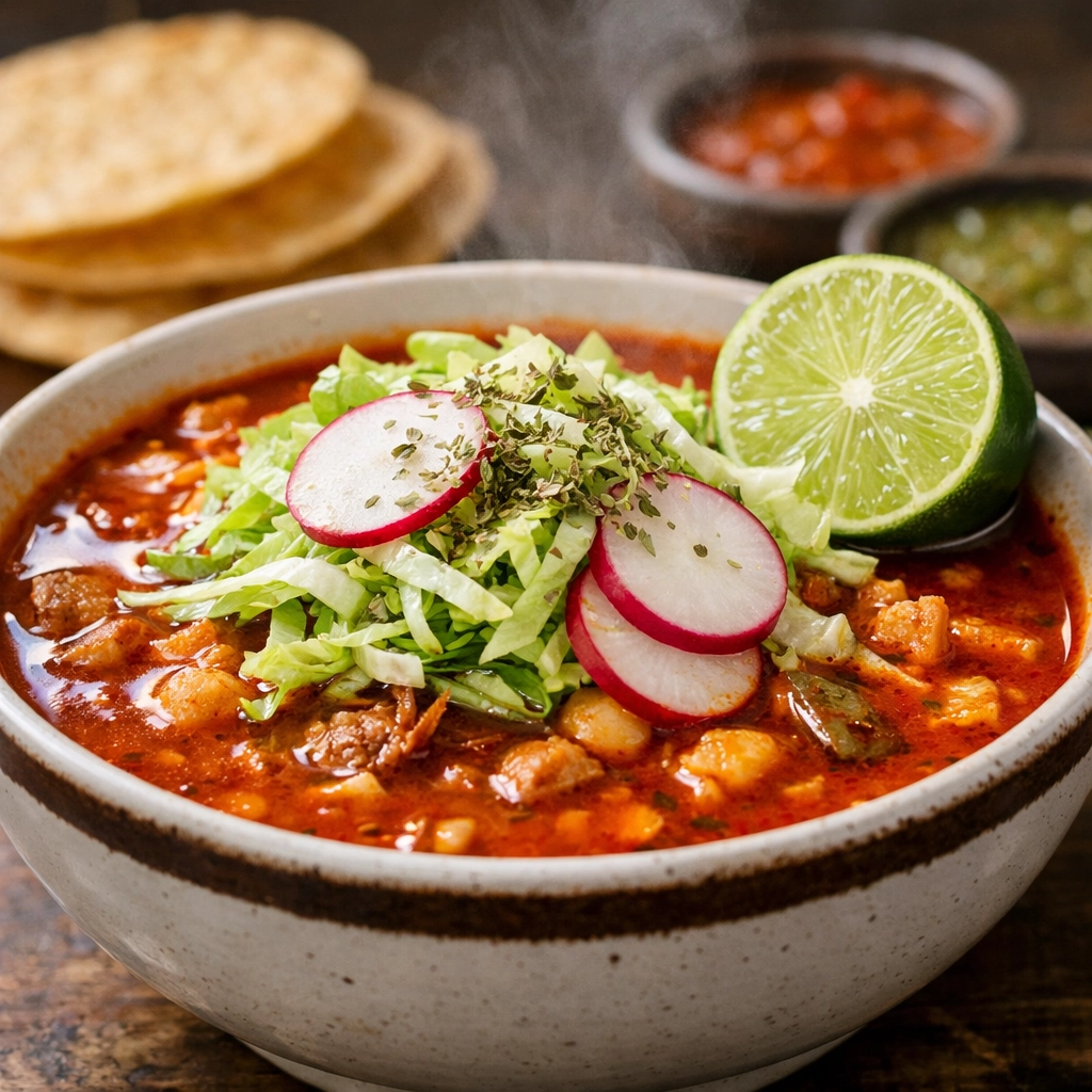 Hearty bowl of authentic red Pozole with radishes and lime, a famous cheap eat in Mexico City.