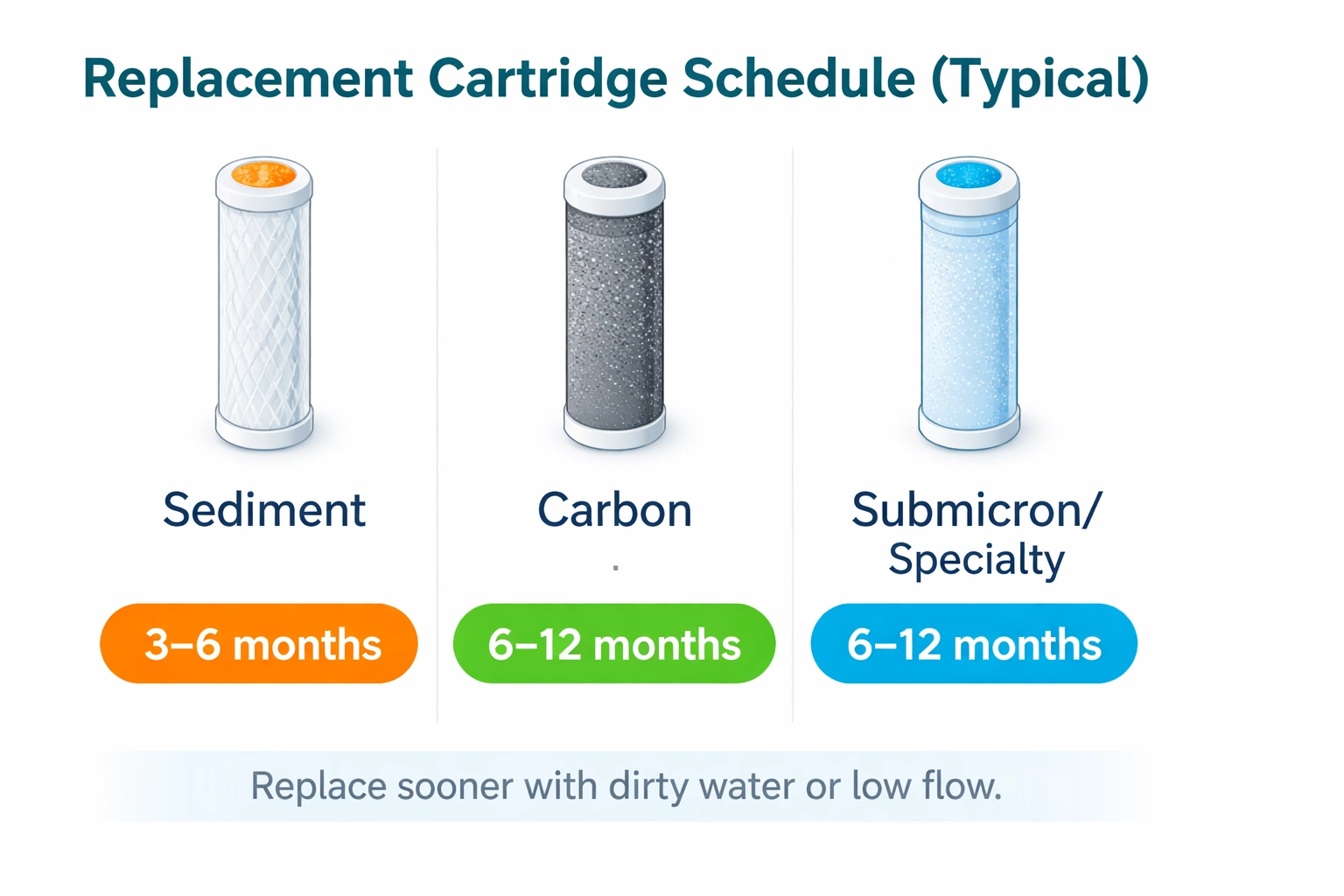 Replacement cartridge schedule infographic showing typical intervals for Sediment (3–6 months), Carbon (6–12 months), and Submicron/Specialty (6–12 months)