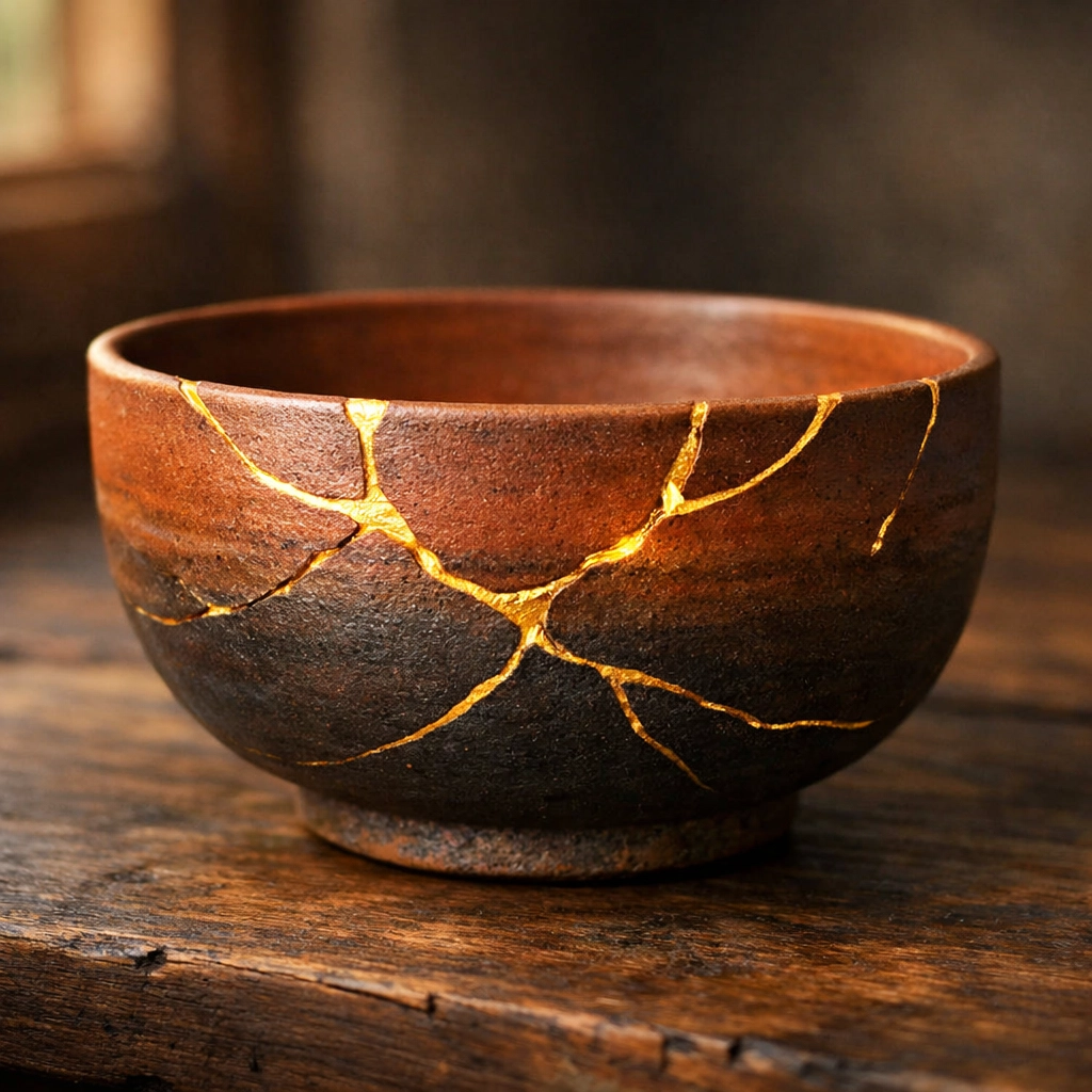 A ceramic bowl repaired with gold, symbolizing the strength and beauty found in healing core wounds.