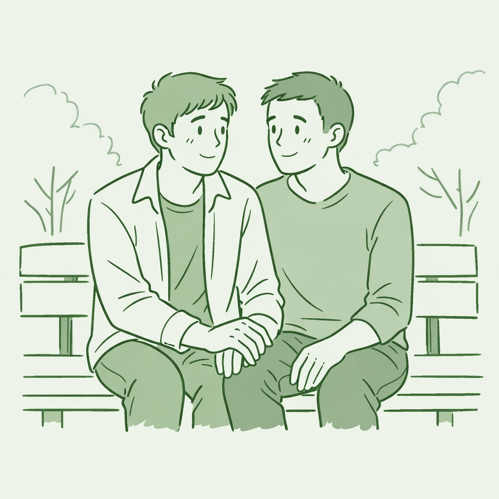 Two gay men on park bench sharing nervous first date moment in MM romance story