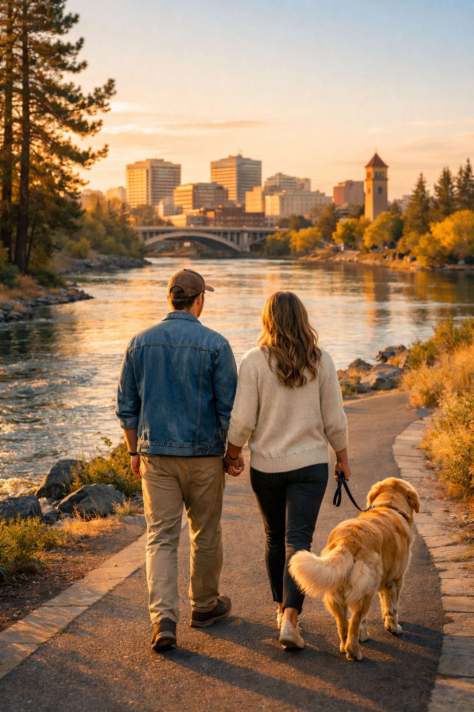 Couple walks dog along Spokane River trail near downtown in Peaceful Valley neighborhood
