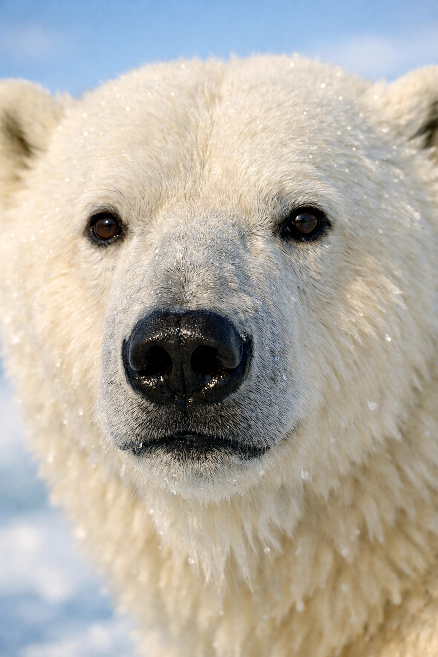 Close-up of a polar bear's face highlighting fur texture and soulful eyes for conservation storytelling.