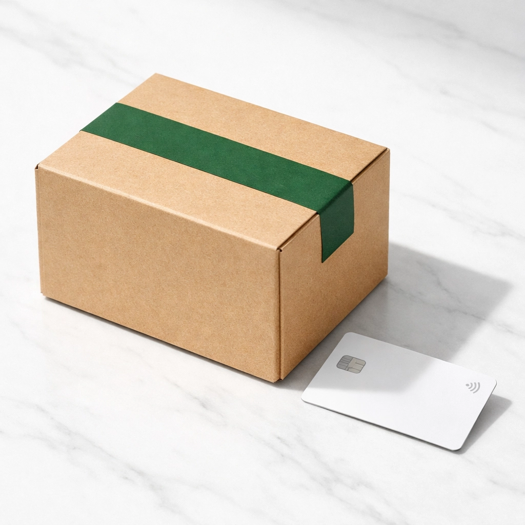 Premium cardboard shipping package and payment card showing secure online store checkout and delivery.
