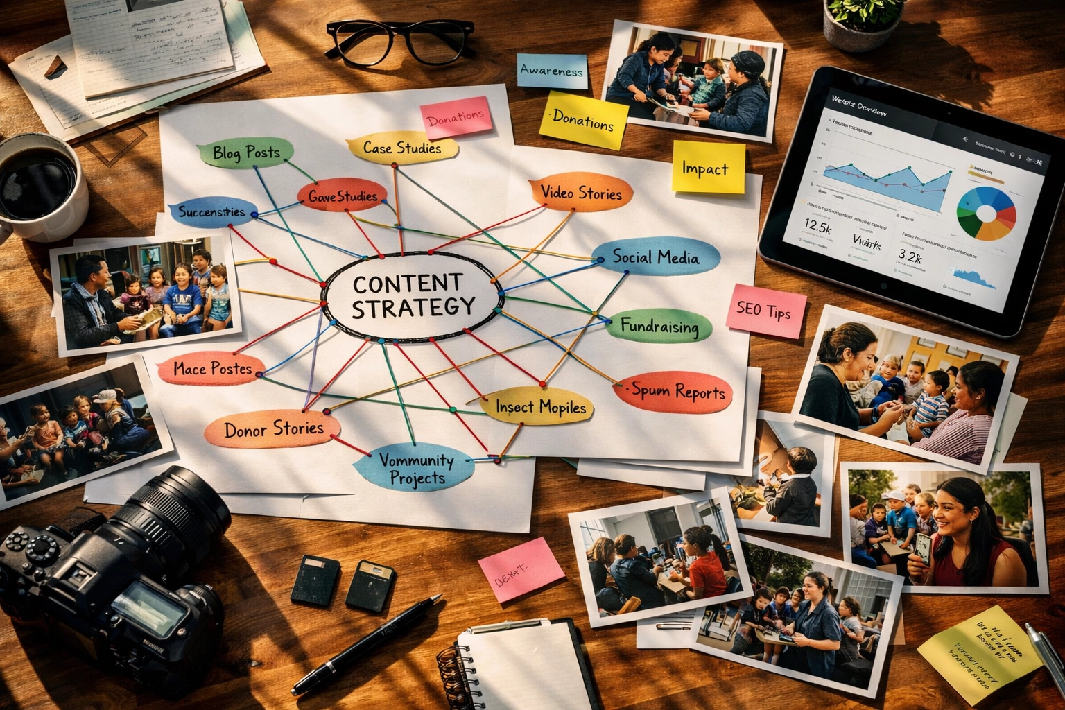 Nonprofit content strategy workspace with topic cluster planning and storytelling resources