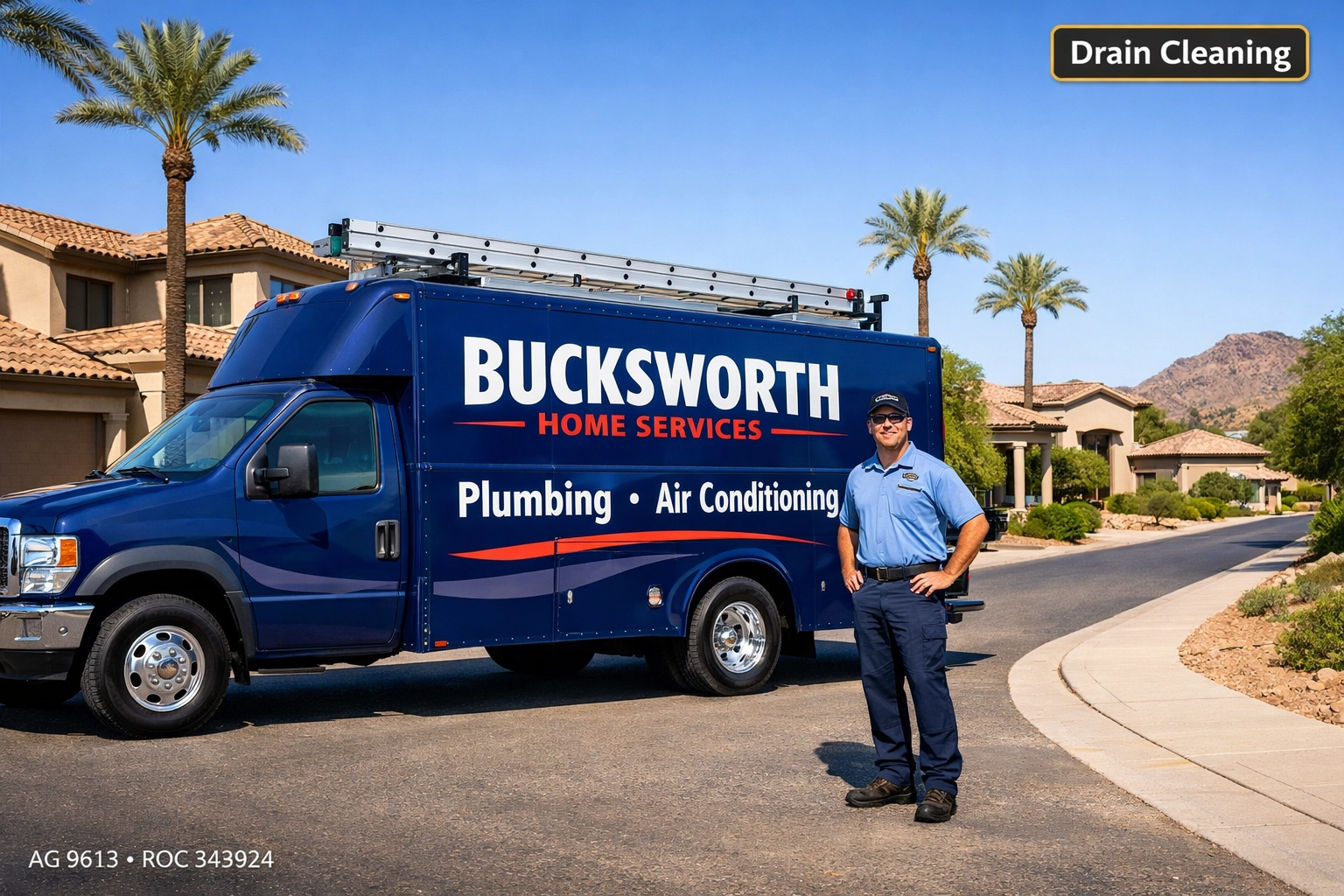 Bucksworth Home Services plumbing truck parked in a Phoenix neighborhood for a drain cleaning service call.