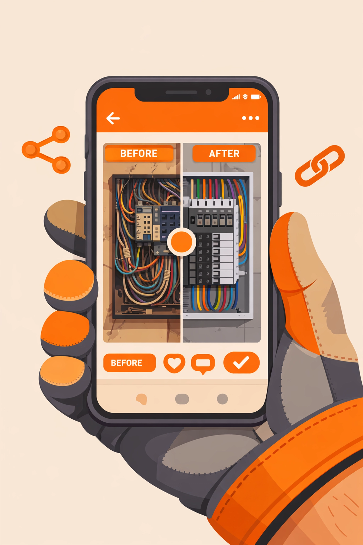 Contractor using mobile phone to share before and after photos with customer via link